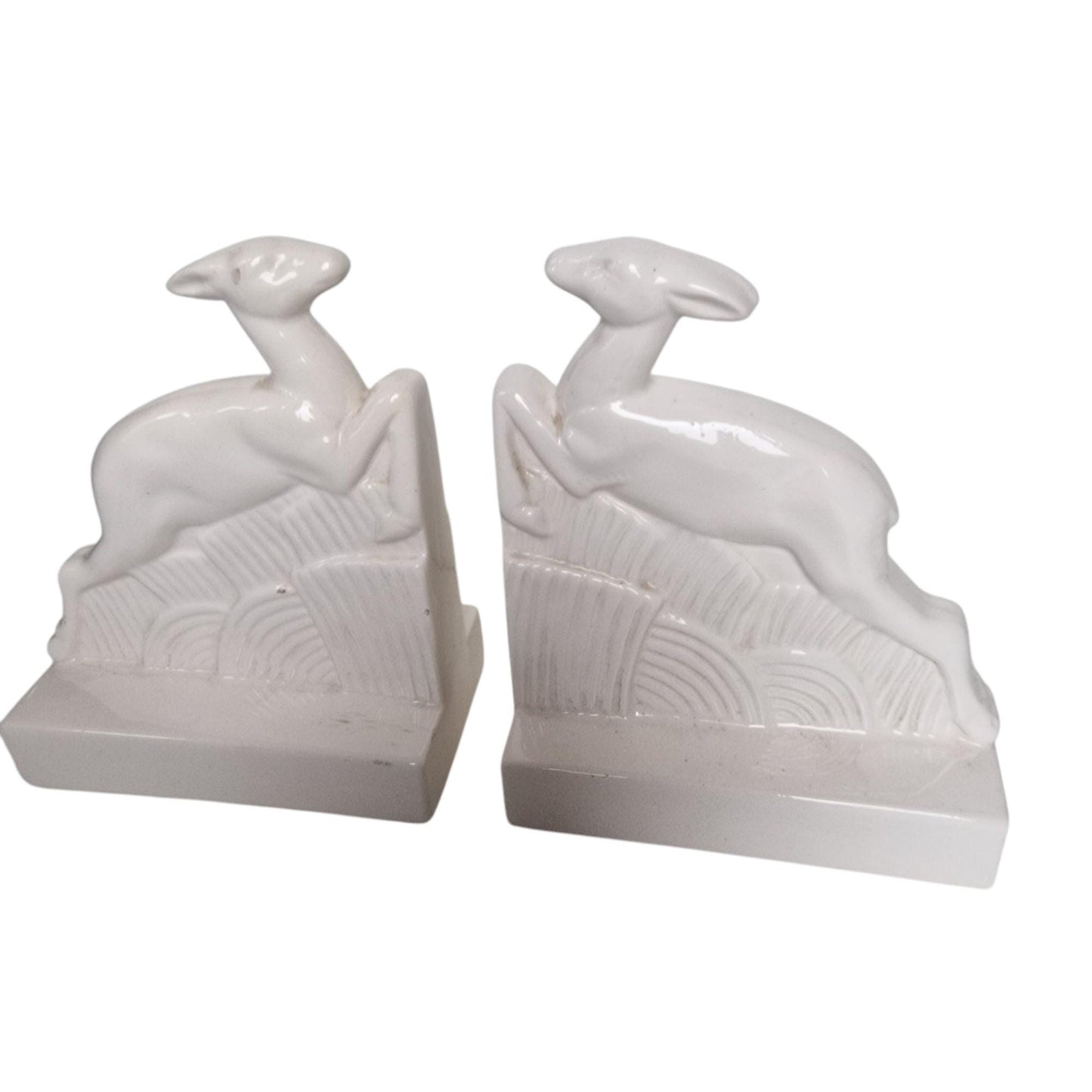 Art Deco Ceramic Leaping Deer Bookends, White Glazed