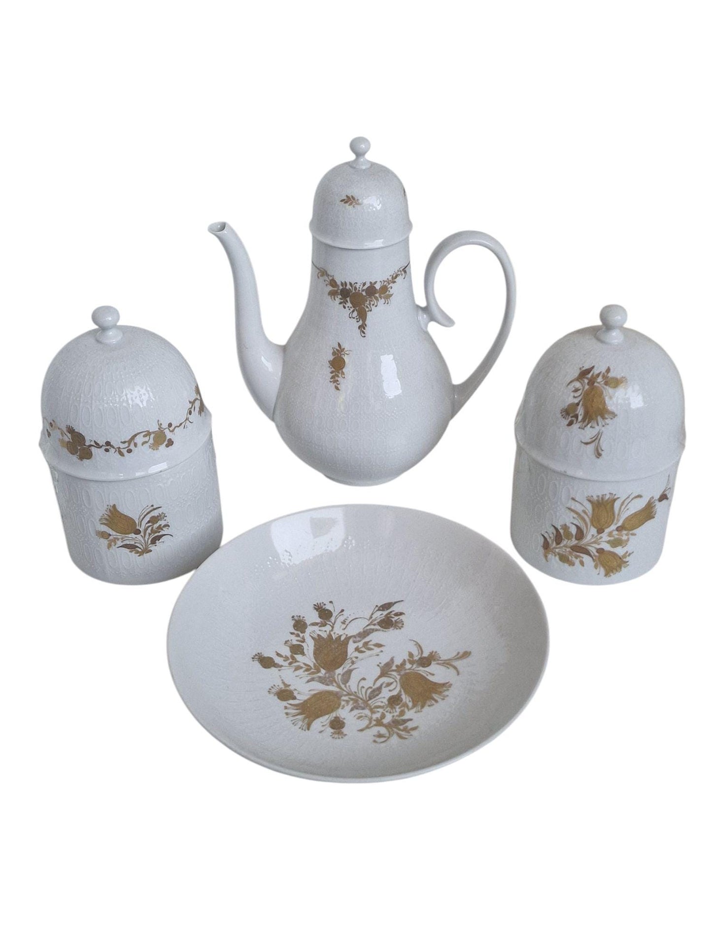 Rosenthal Wiinblad Porcelain Tea Set, Gold Plated Romanze, white gold 3d relief