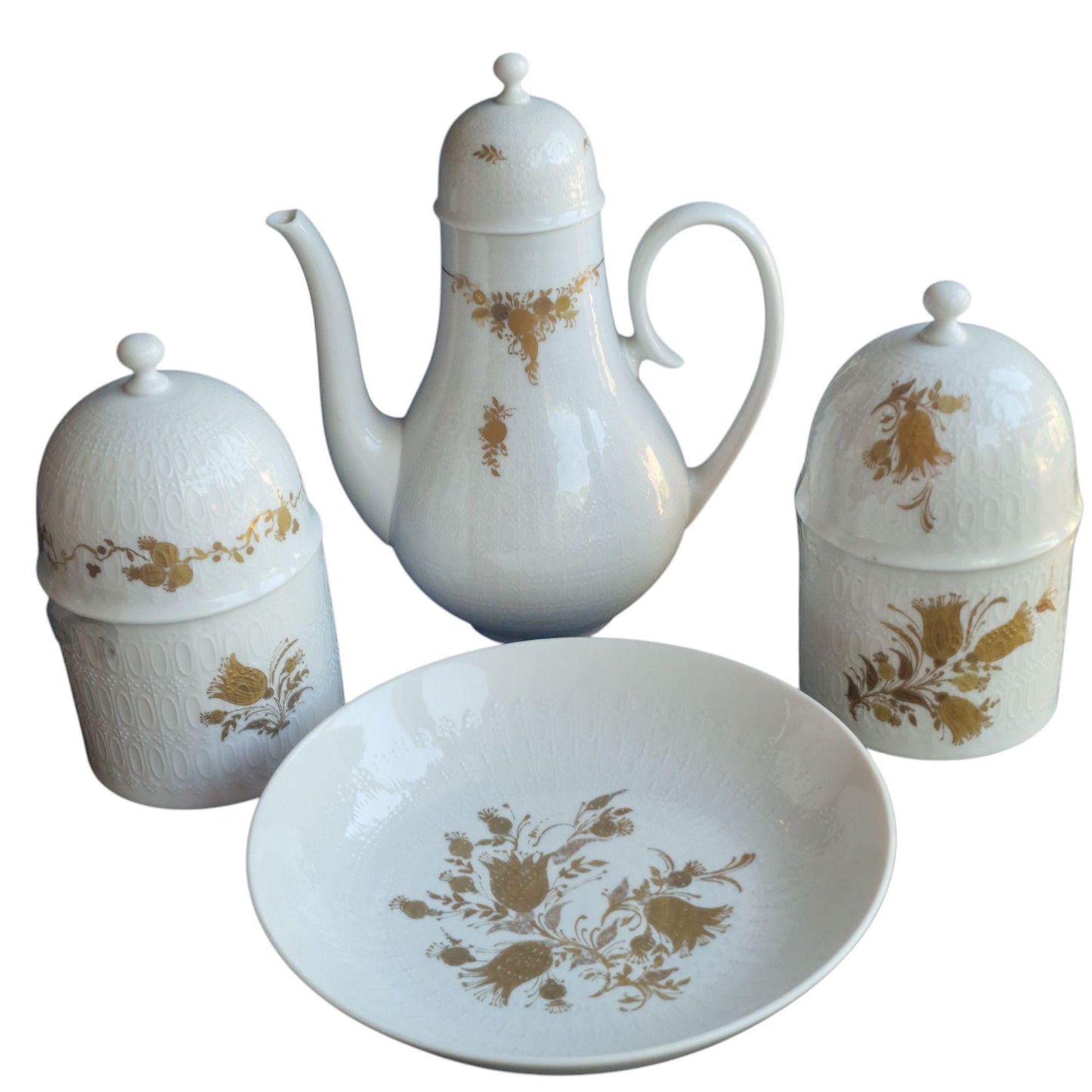 Rosenthal Wiinblad Porcelain Tea Set, Gold Plated Romanze, white gold 3d relief