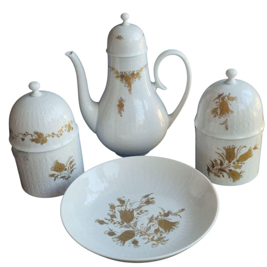 Rosenthal Wiinblad Porcelain Tea Set, Gold Plated Romanze, white gold 3d relief