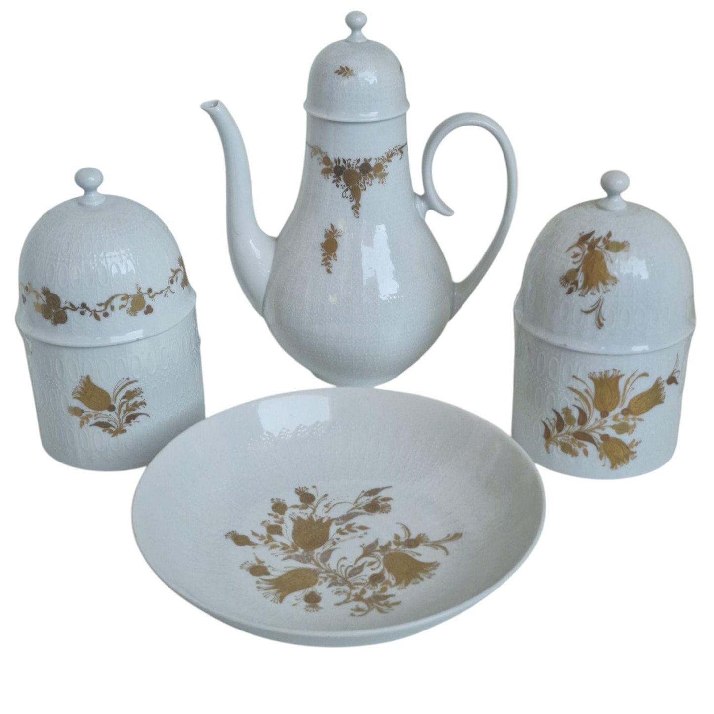 Rosenthal Wiinblad Porcelain Tea Set, Gold Plated Romanze, white gold 3d relief