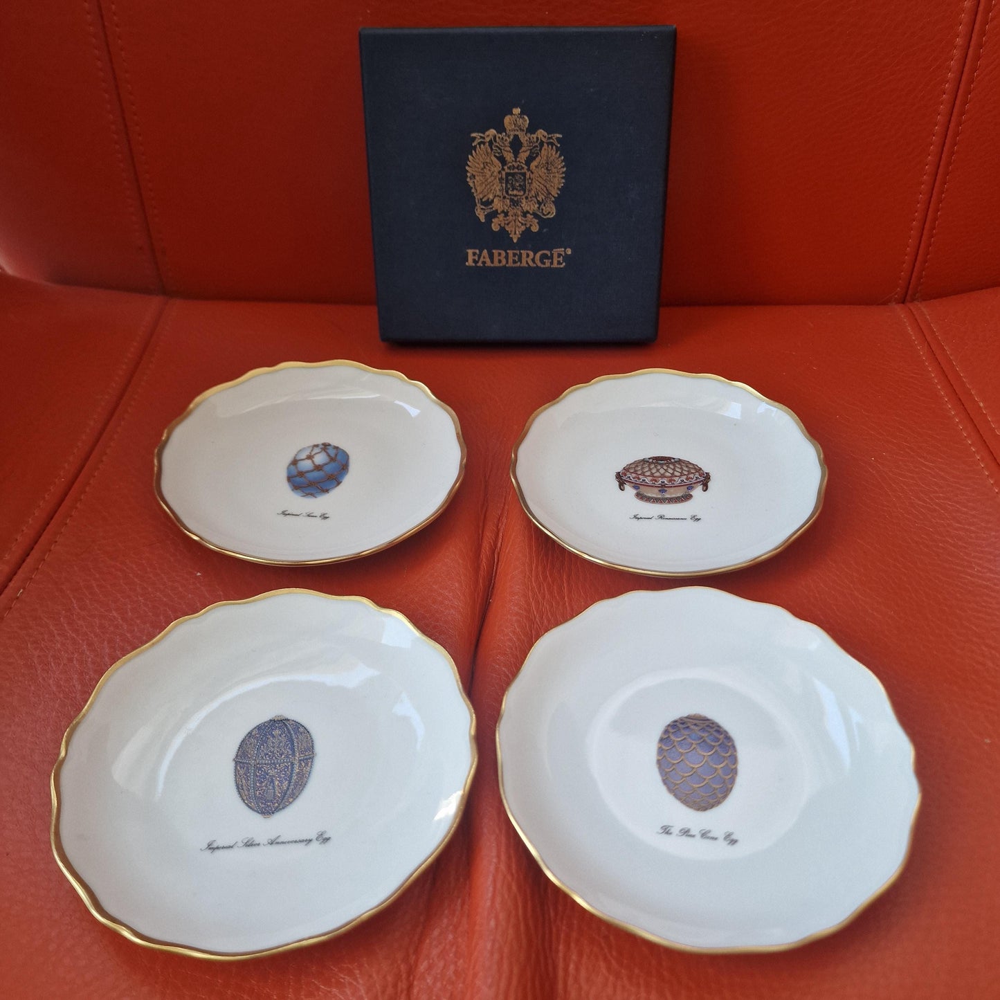 Faberge Limoges Porcelain Egg Dish Set, Gilt Rim, Jewelry Bowls, Boxed Fabergé