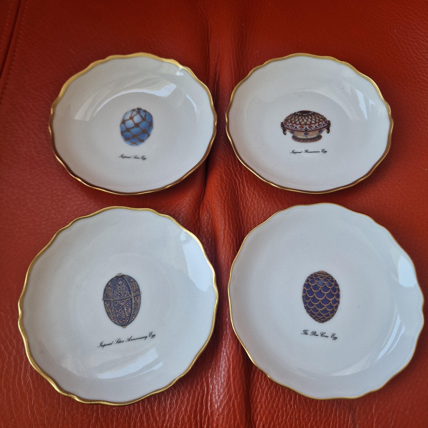 Faberge Limoges Porcelain Egg Dish Set, Gilt Rim, Jewelry Bowls, Boxed Fabergé
