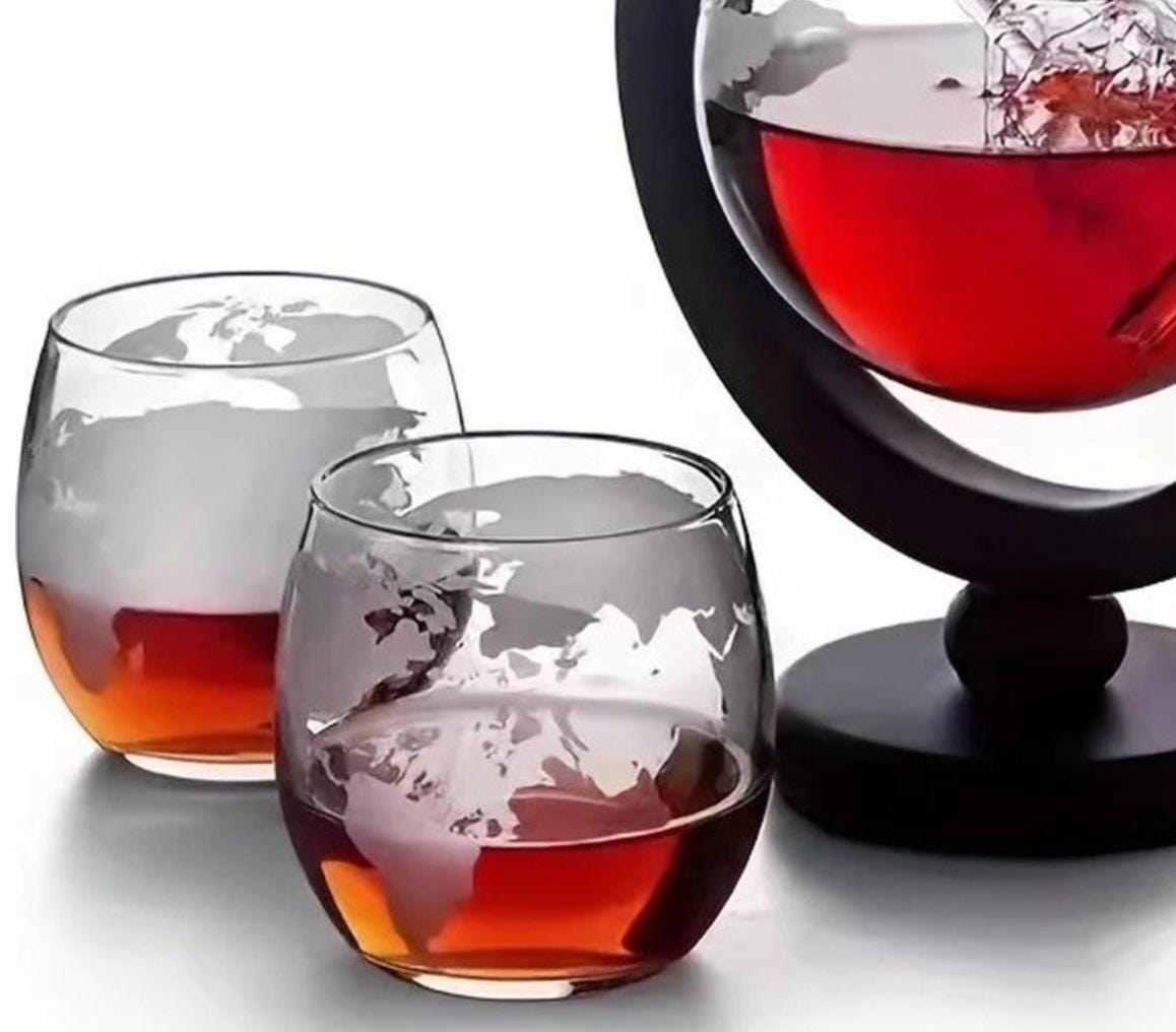 Handcrafted Globe Decanter Set – Ship in Glass, Wood Stand & Two Glasses