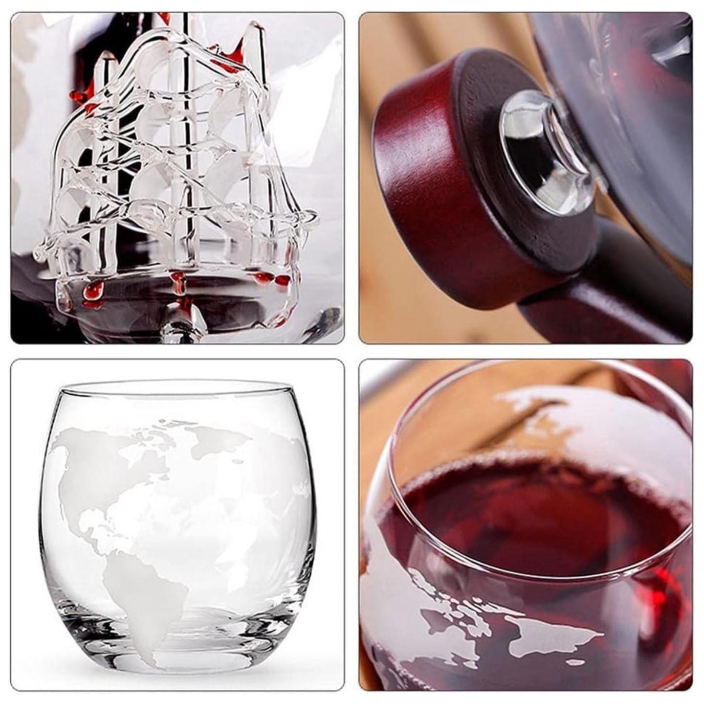 Handcrafted Globe Decanter Set – Ship in Glass, Wood Stand & Two Glasses