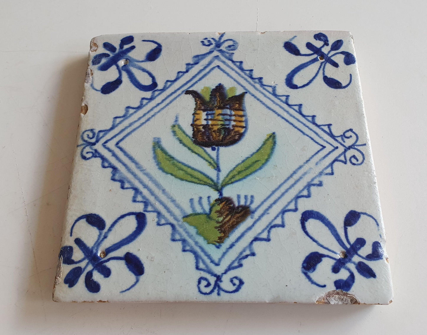 Antique Delft Tile, Tulip Motif, Polychrome Pottery, ca 1640