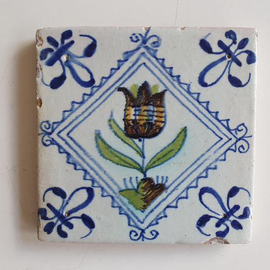 Antique Delft Tile, Tulip Motif, Polychrome Pottery, ca 1640