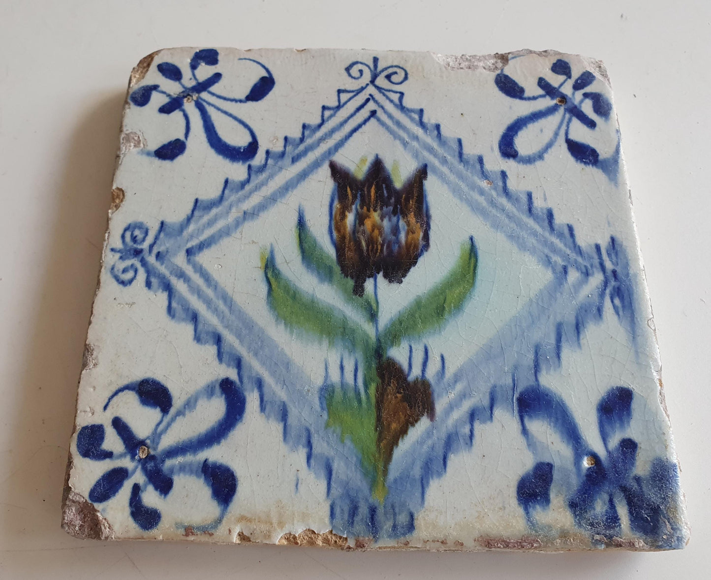 Antique Delft Tile, Tulip Motif, Polychrome Pottery, ca 1640