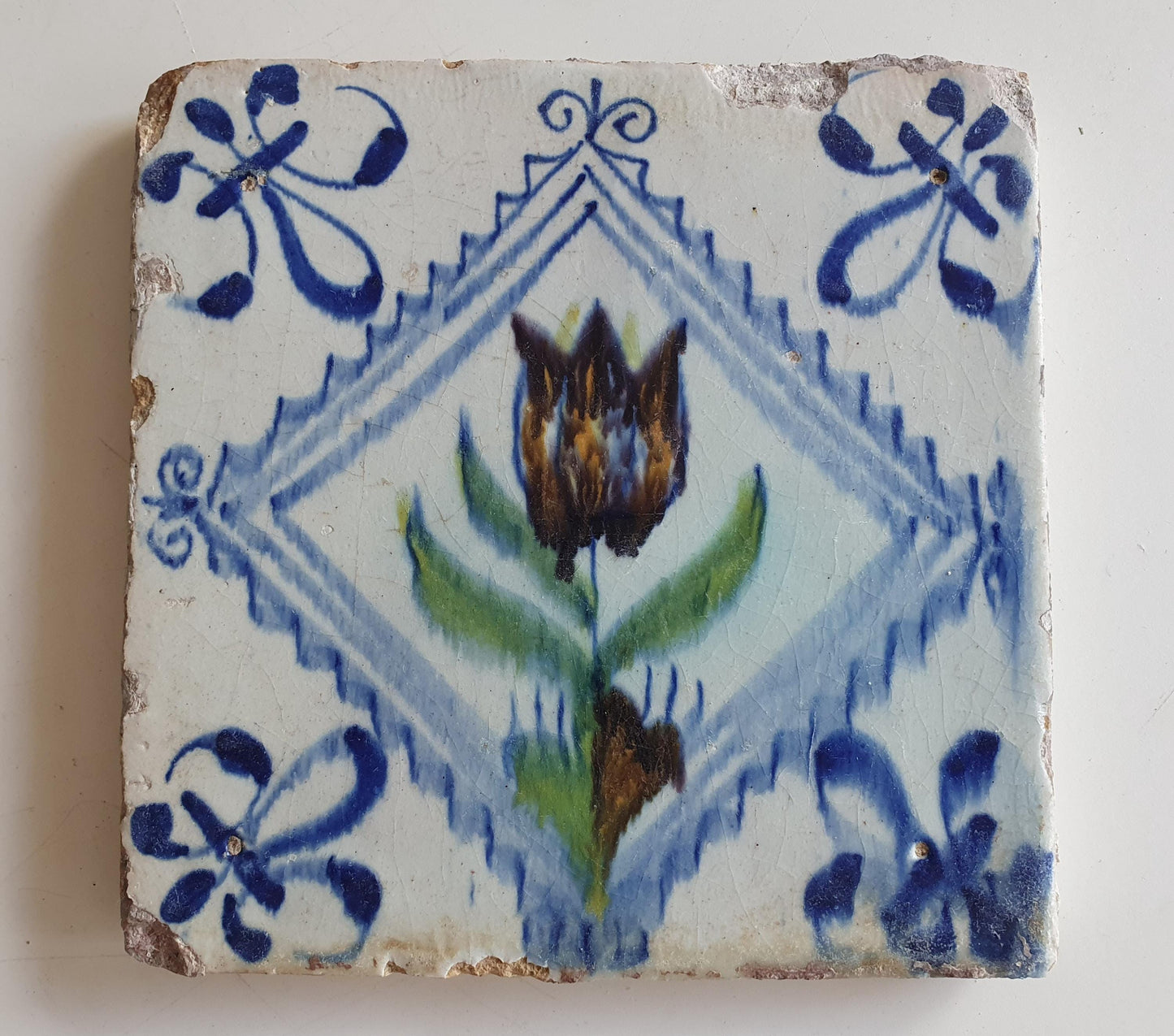 Antique Delft Tile, Tulip Motif, Polychrome Pottery, ca 1640