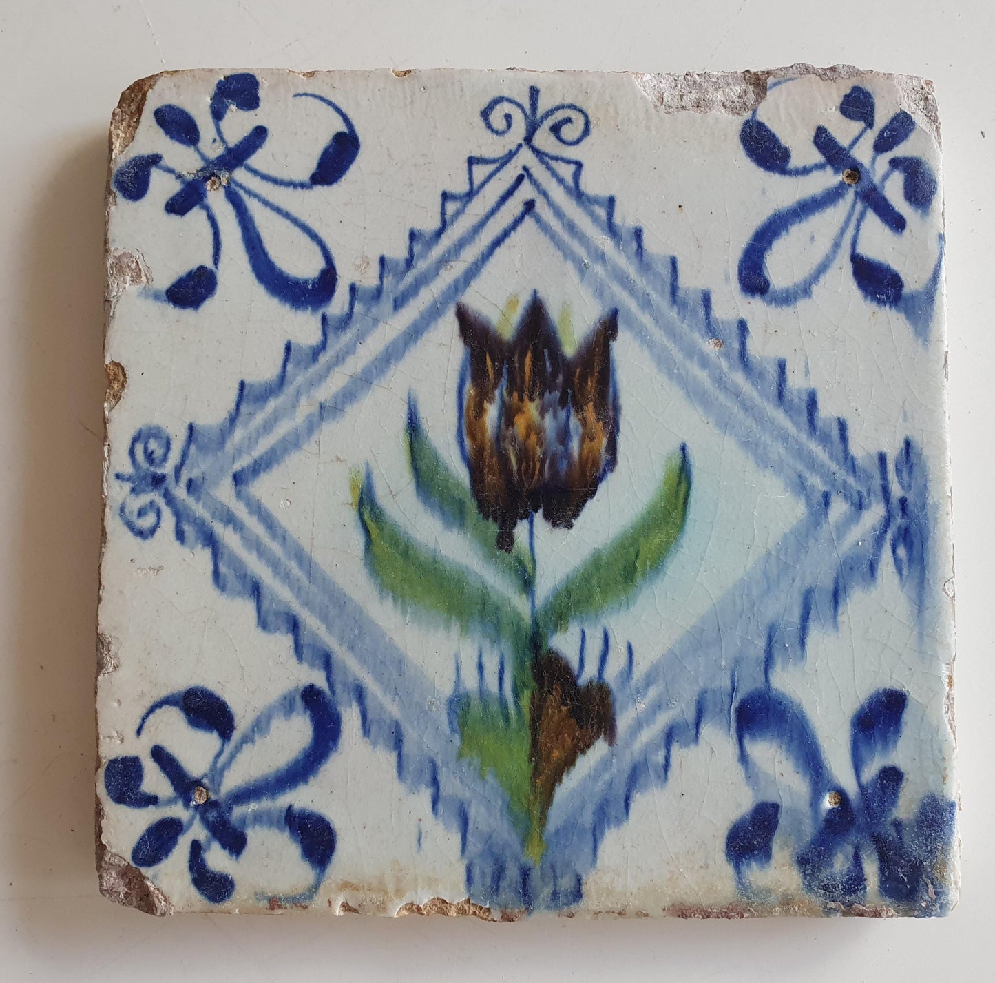 Antique Delft Tile, Tulip Motif, Polychrome Pottery, ca 1640