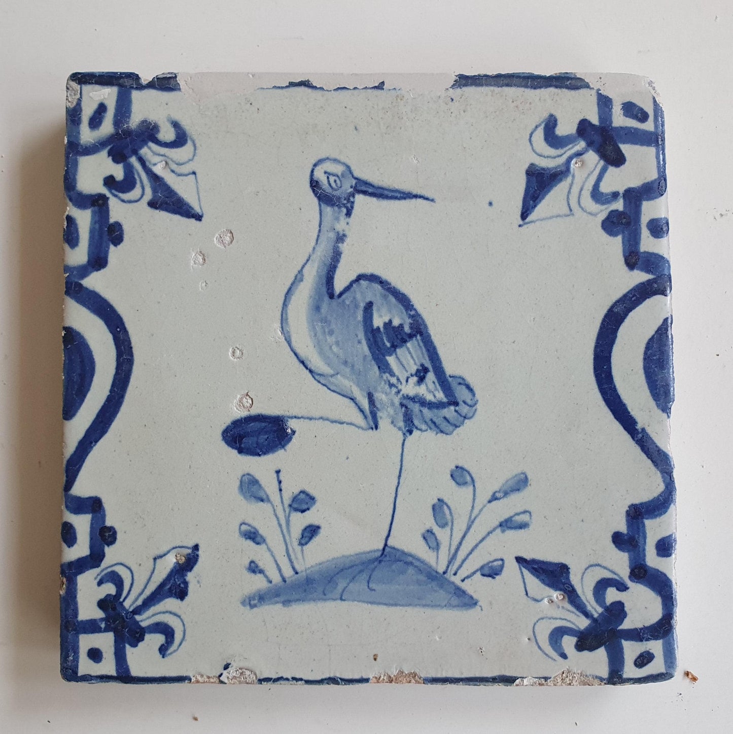 Antique Dutch Delft Tile – Crane, Baluster & French Lily Motifs, 1640
