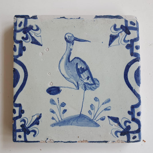 Antique Dutch Delft Tile – Crane, Baluster & French Lily Motifs, 1640