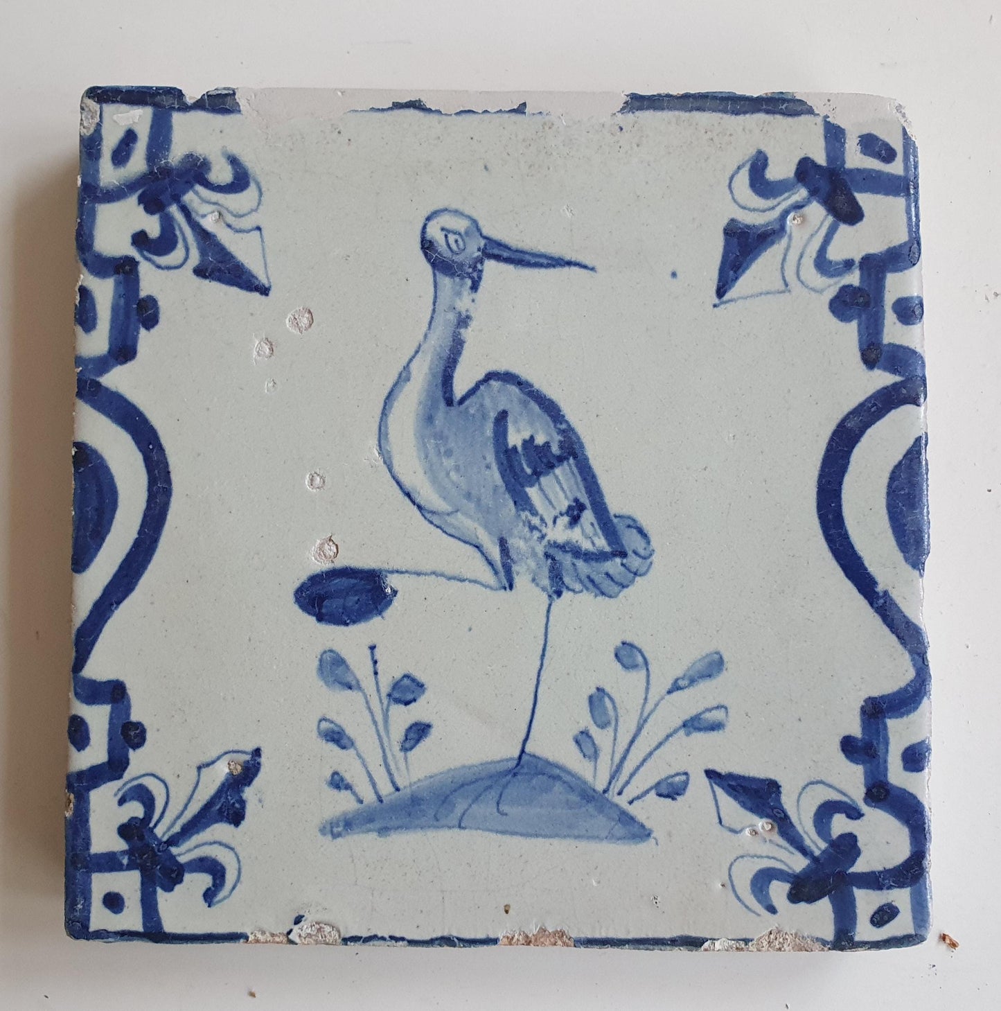 Antique Dutch Delft Tile – Crane, Baluster & French Lily Motifs, 1640