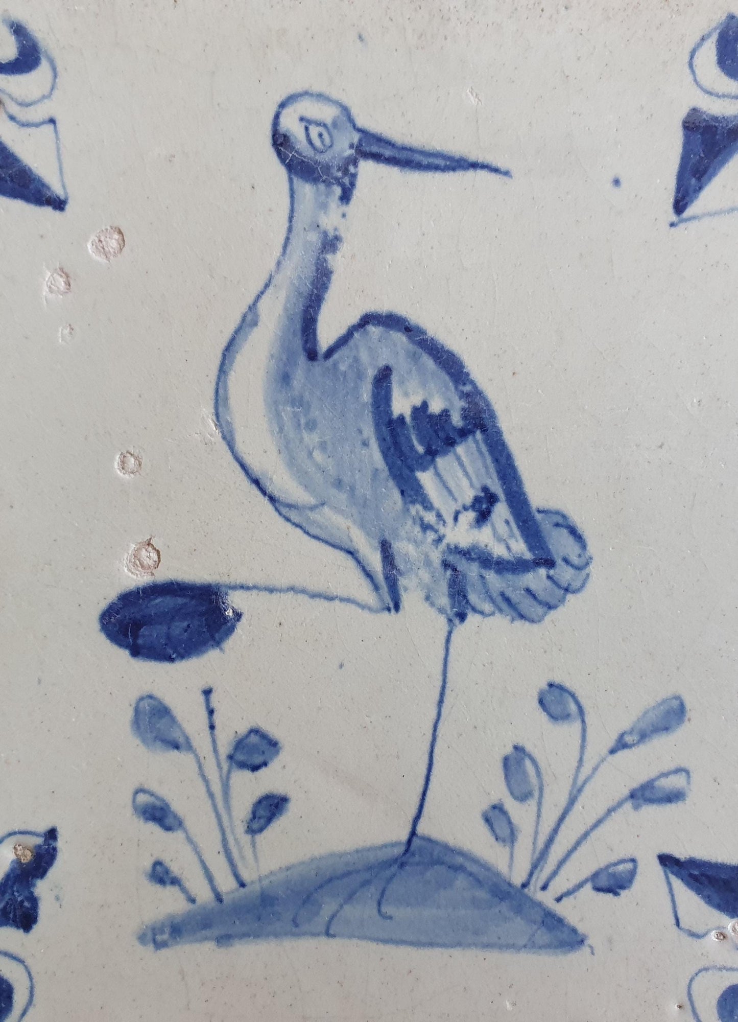 Antique Dutch Delft Tile – Crane, Baluster & French Lily Motifs, 1640