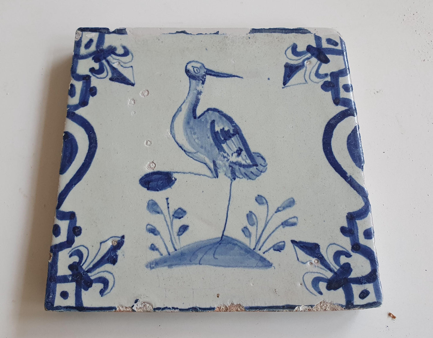 Antique Dutch Delft Tile – Crane, Baluster & French Lily Motifs, 1640