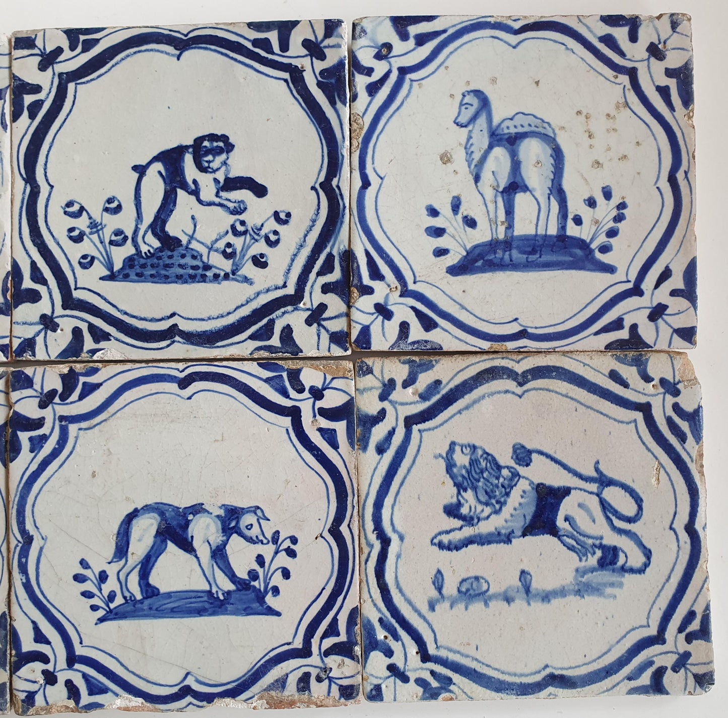 6 x Antique Delft Tiles – 17th Century Animal Motifs