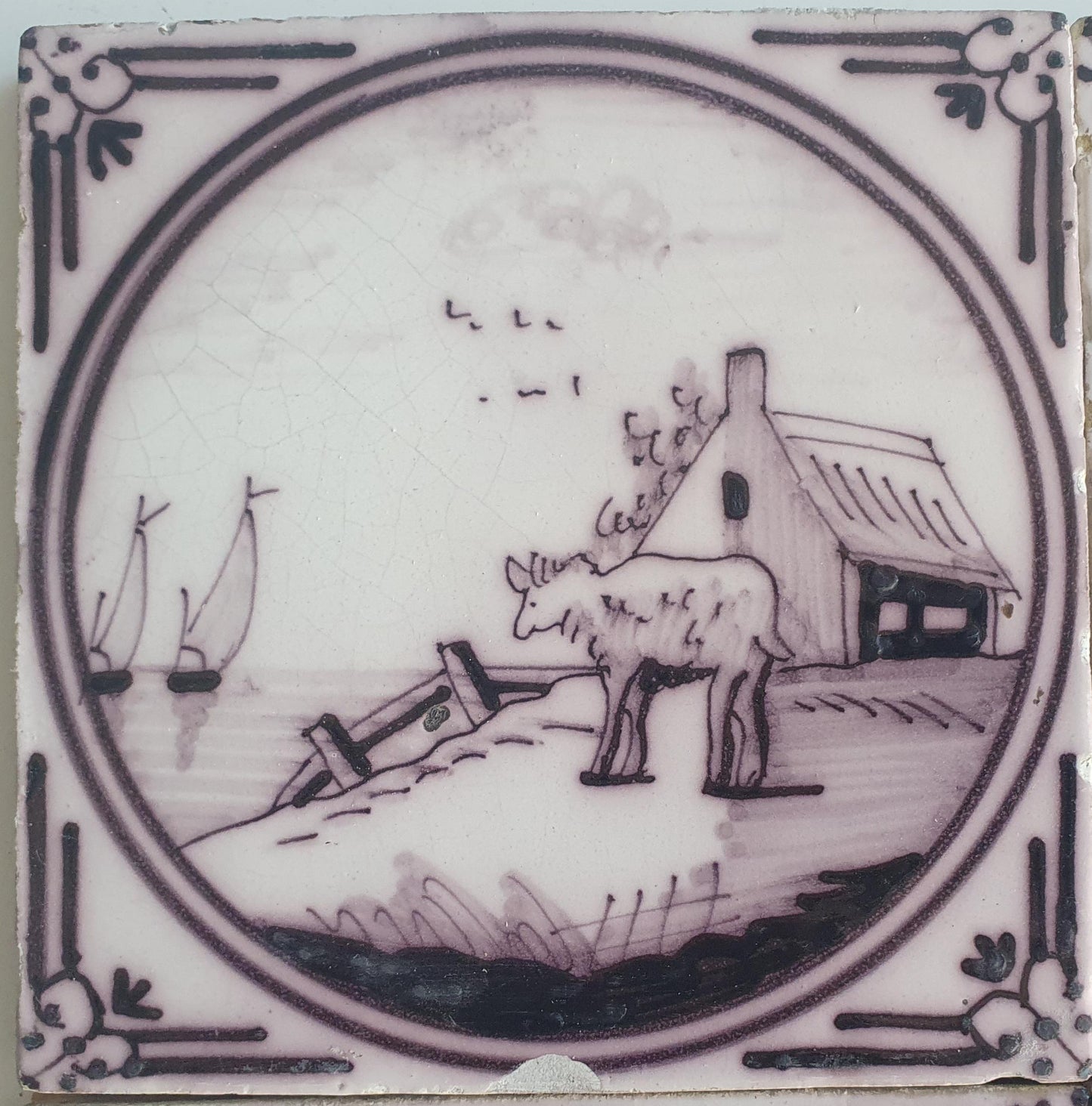 4 x Around 1850 century Antique Dutch Tiles - manganese landscape tegels