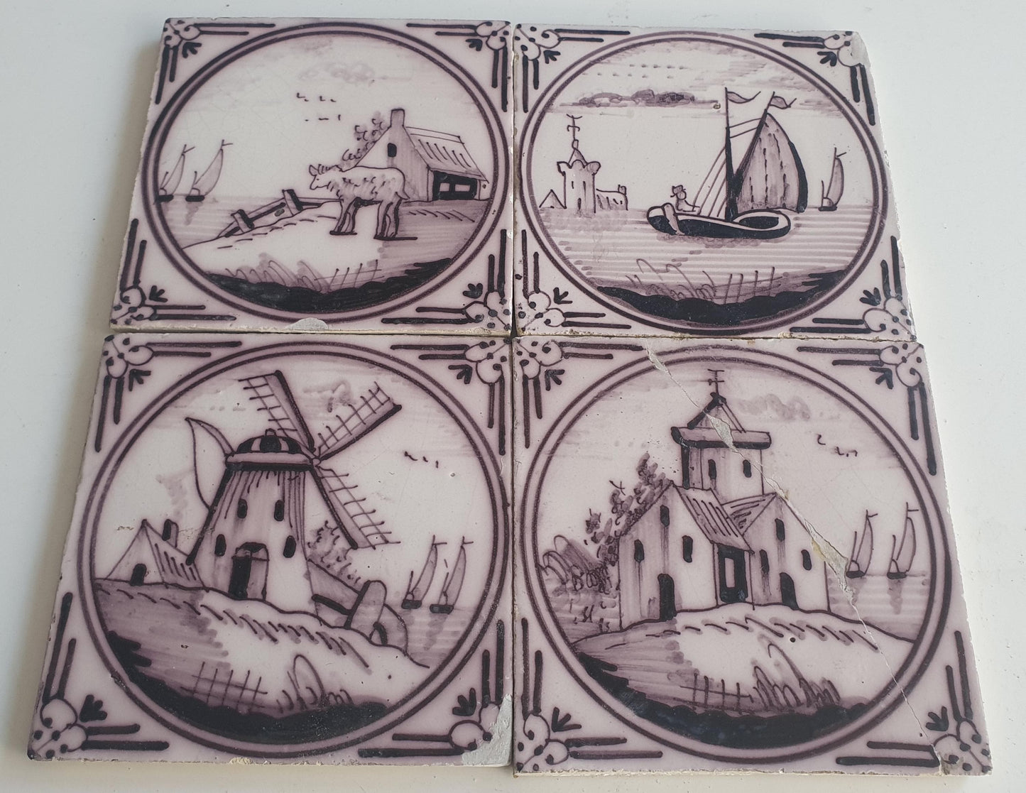 4 x Around 1850 century Antique Dutch Tiles - manganese landscape tegels