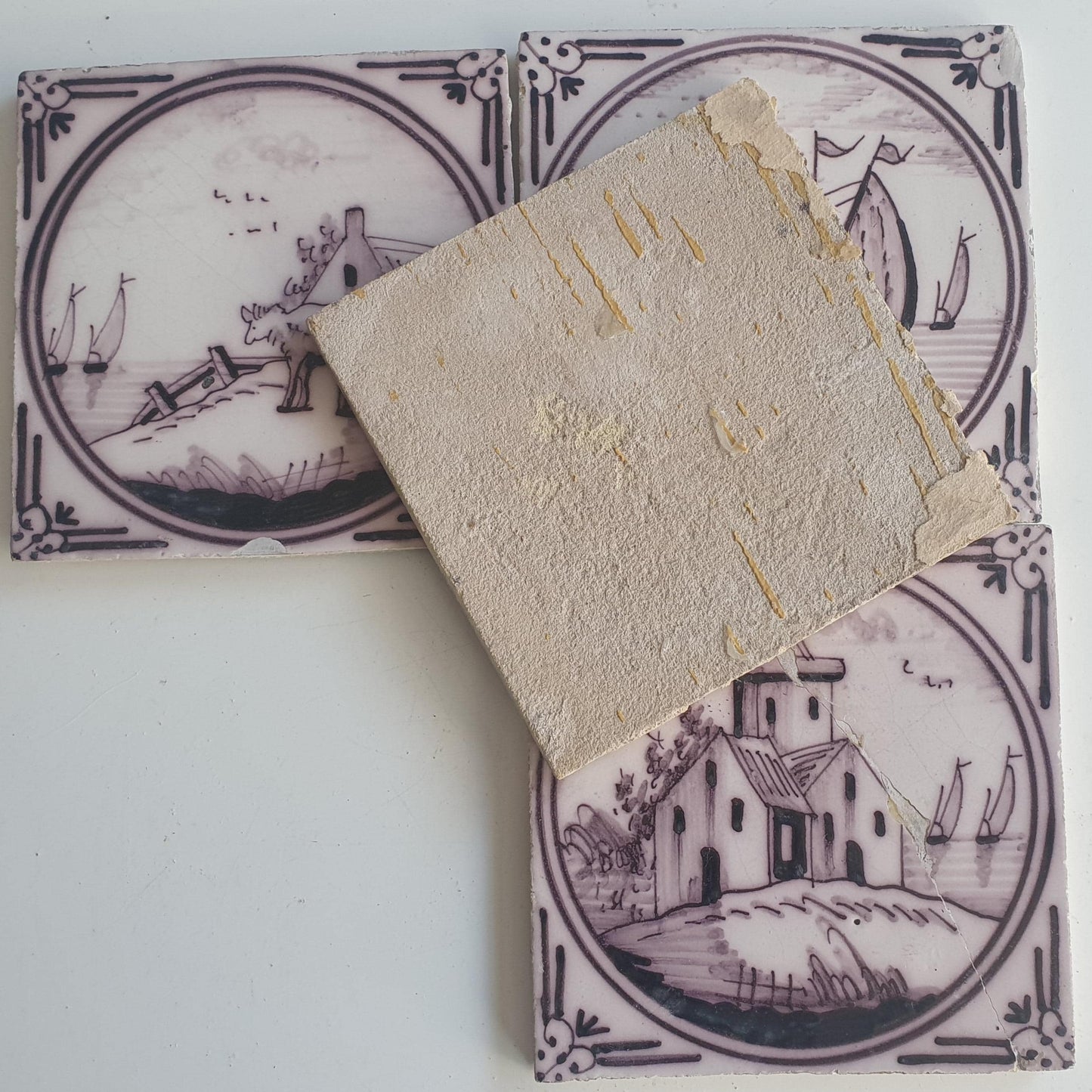 4 x Around 1850 century Antique Dutch Tiles - manganese landscape tegels