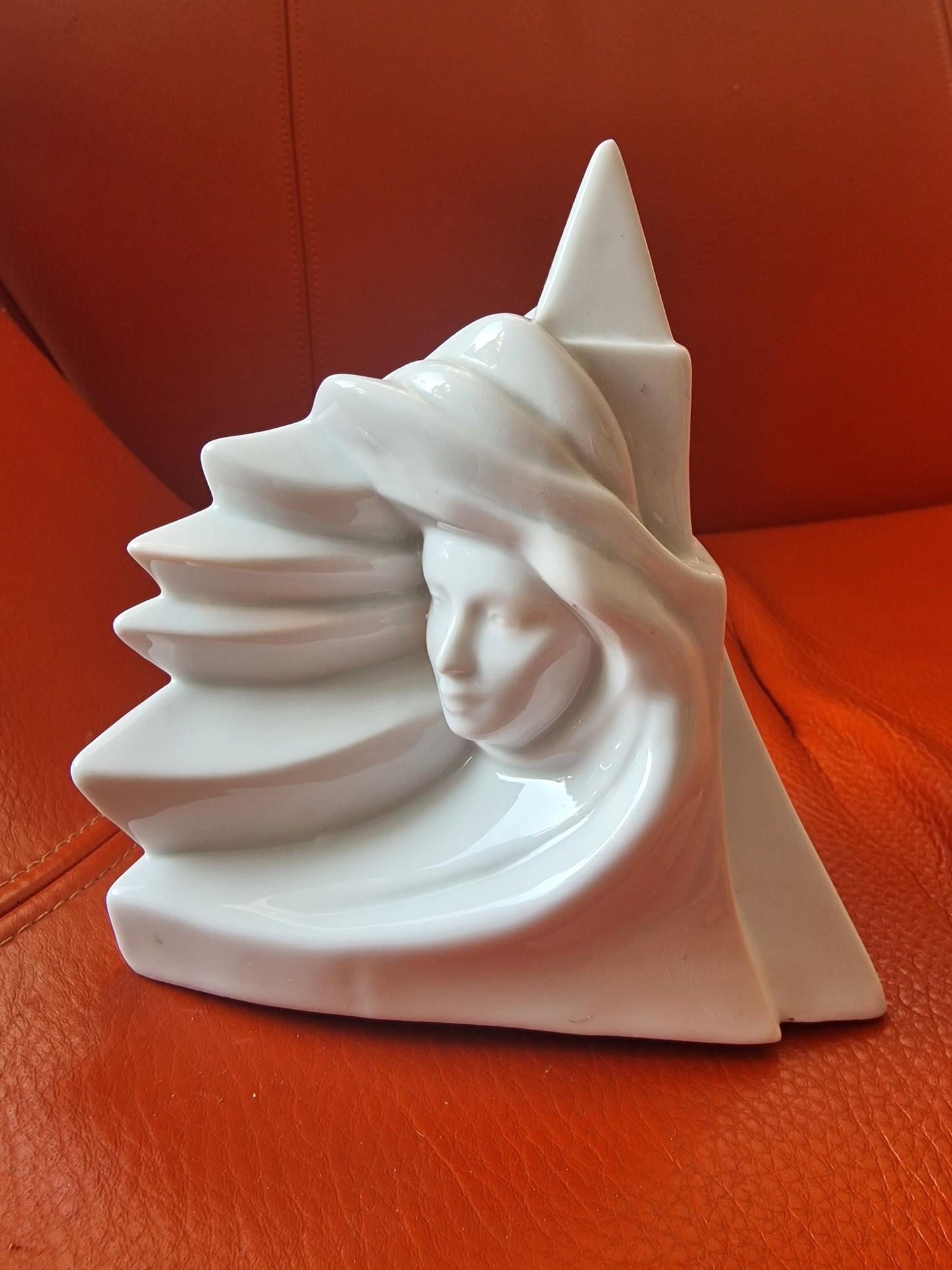 Signed Joan Abras Porcelain Sculpture, White Art Deco Woman Bust, 80s Modernist Decor