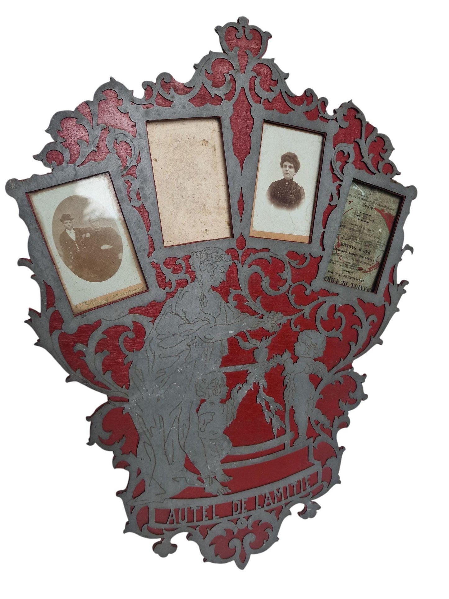 Victorian Photo Plaque, "Autel de l’Amitié", French Hand-Cut Wood, Cherub Decor