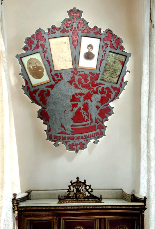 Victorian Photo Plaque, "Autel de l’Amitié", French Hand-Cut Wood, Cherub Decor