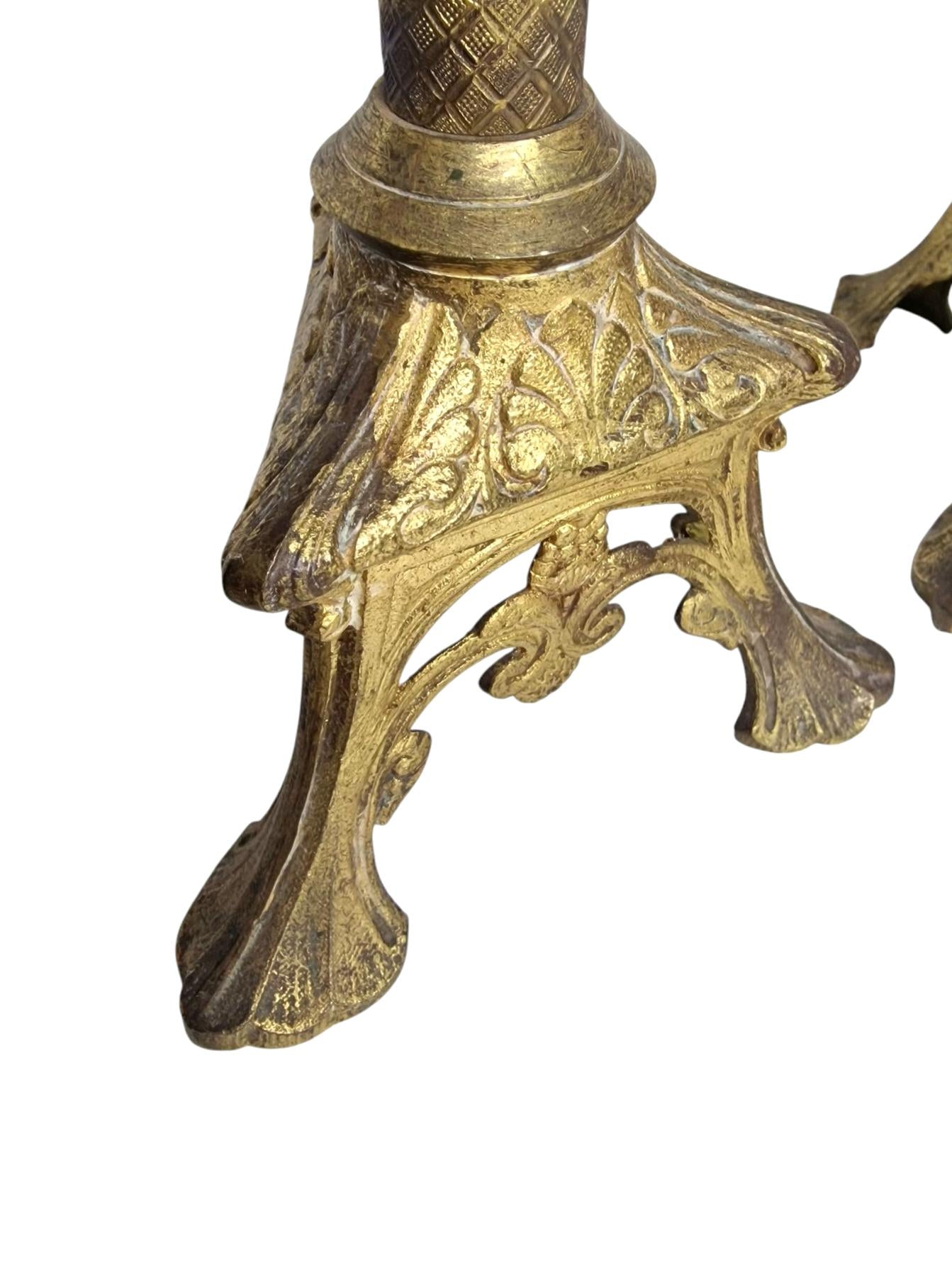 Antique Gilded Brass Altar Candlesticks, French Neogothic Decor, Pair