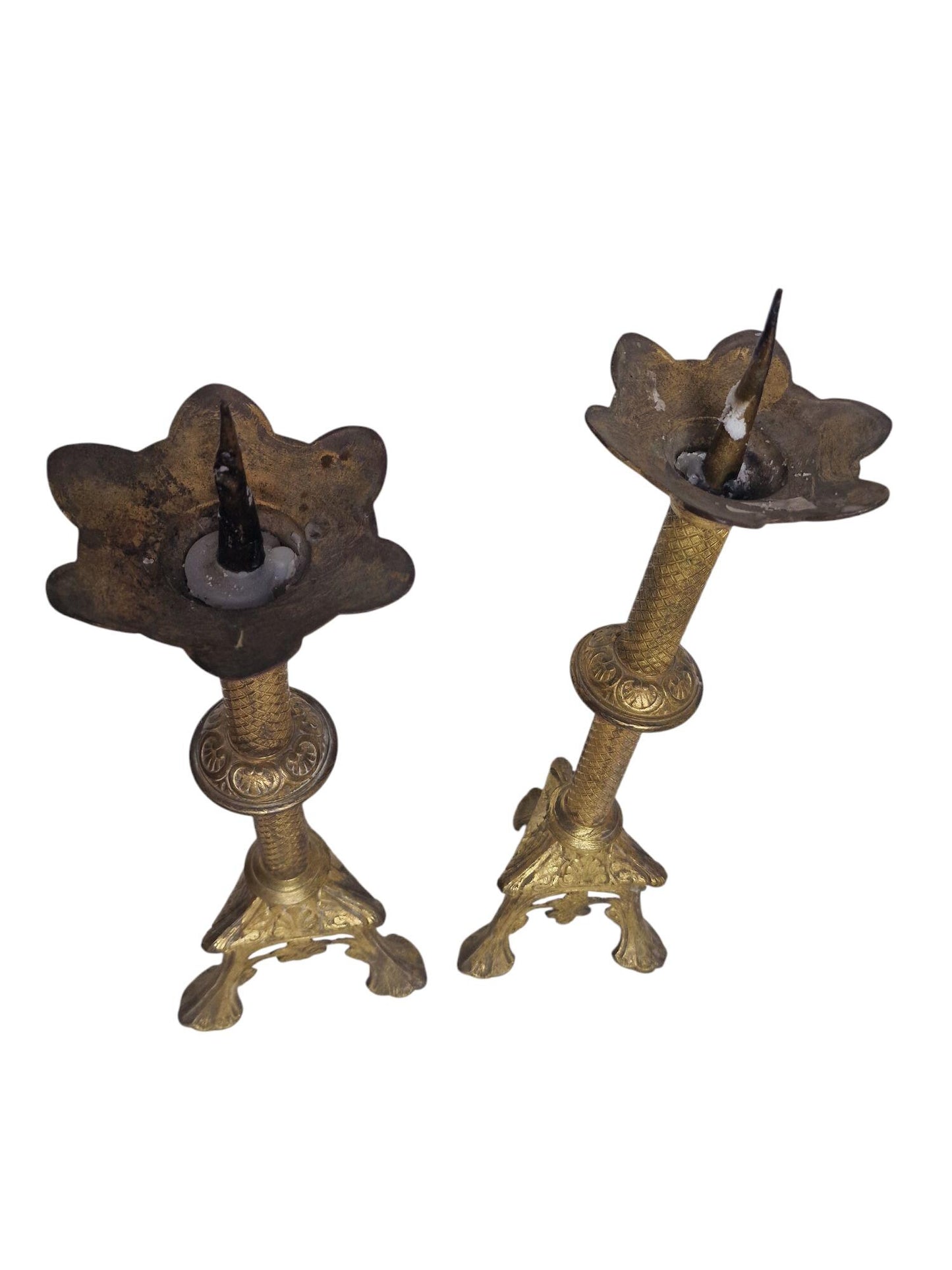Antique Gilded Brass Altar Candlesticks, French Neogothic Decor, Pair