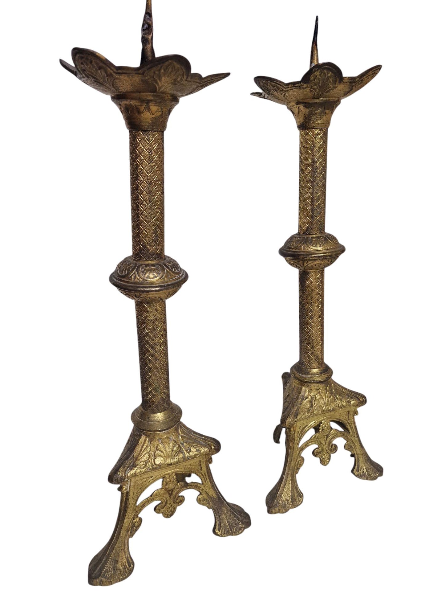 Antique Gilded Brass Altar Candlesticks, French Neogothic Decor, Pair