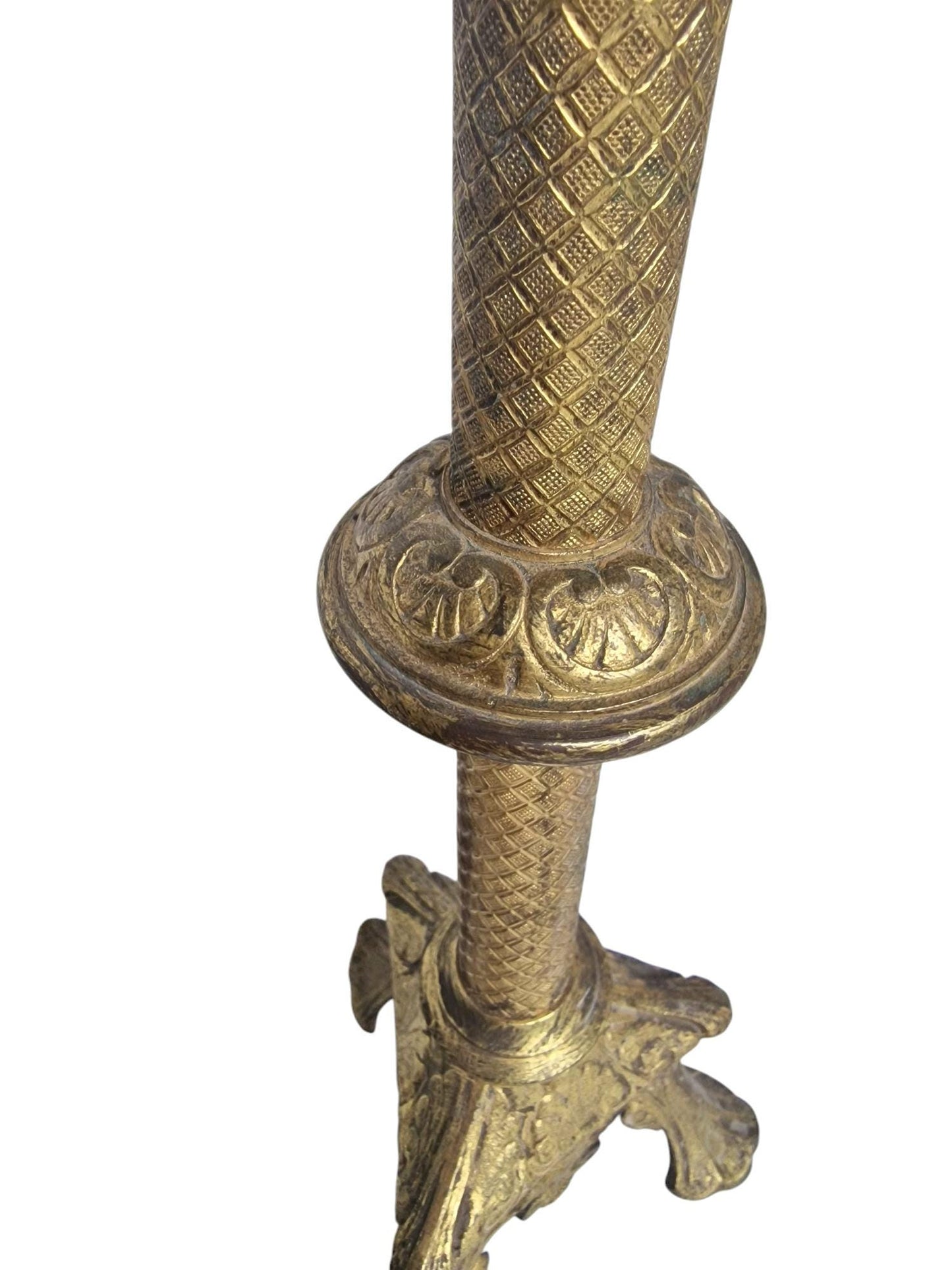Antique Gilded Brass Altar Candlesticks, French Neogothic Decor, Pair