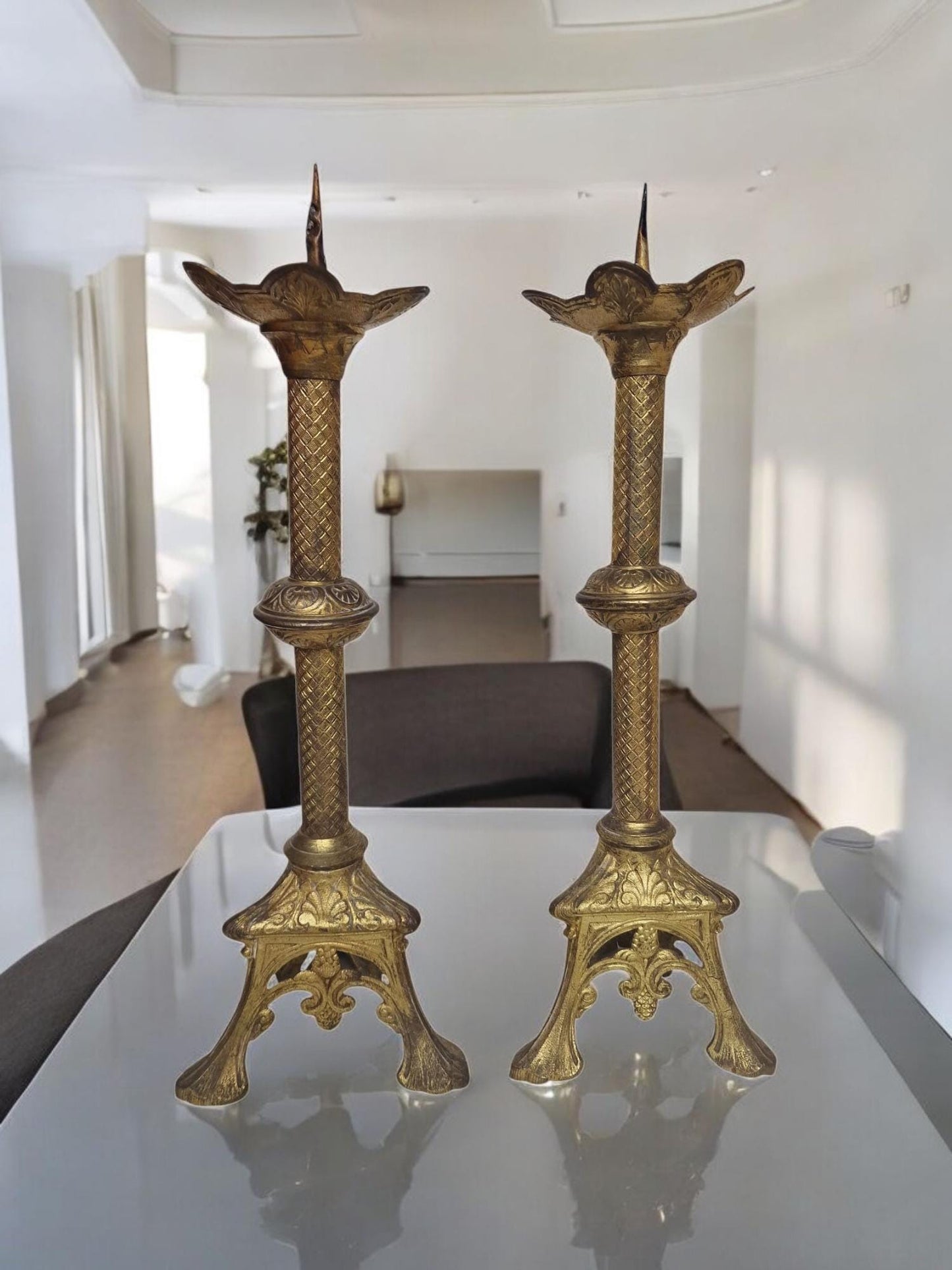 Antique Gilded Brass Altar Candlesticks, French Neogothic Decor, Pair