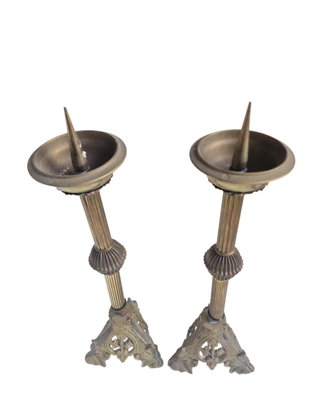 xl Pair of Antique Neogothic Altar Candlesticks, Late 19th Century Brass Church Candle Holders – Gothic Revival Design (53 cm)