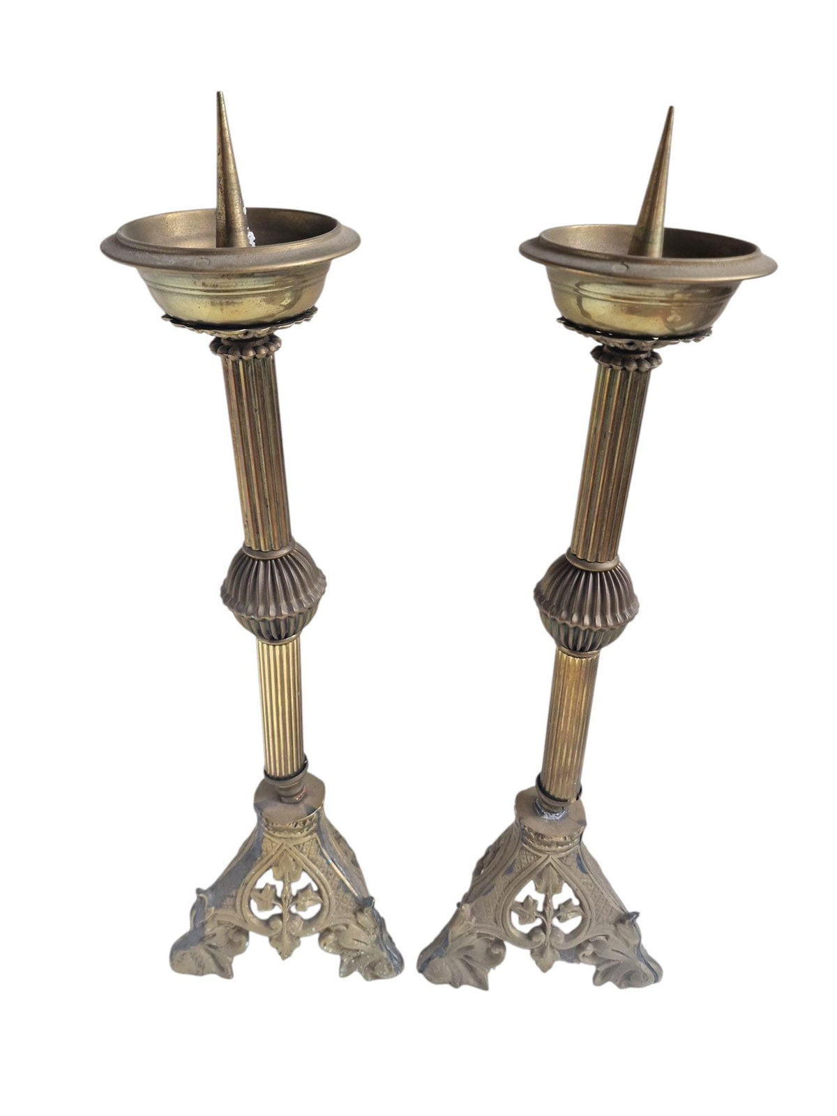 xl Pair of Antique Neogothic Altar Candlesticks, Late 19th Century Brass Church Candle Holders – Gothic Revival Design (53 cm)
