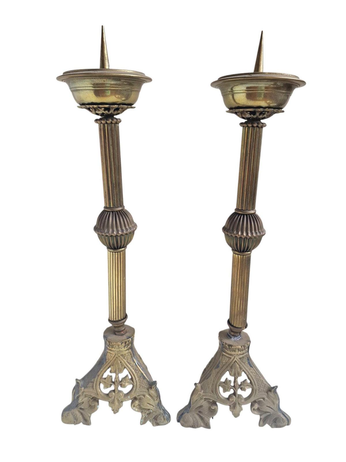 xl Pair of Antique Neogothic Altar Candlesticks, Late 19th Century Brass Church Candle Holders – Gothic Revival Design (53 cm)