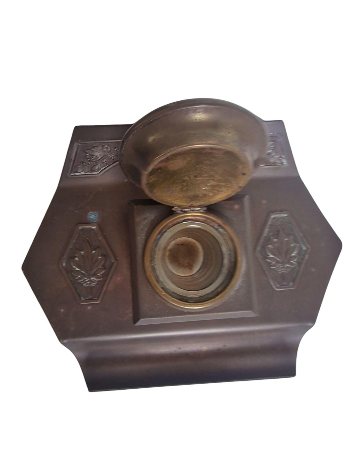 Art Nouveau Bronze Inkwell, Jugendstil Desk Accessory, Antique Glass Ink Pot