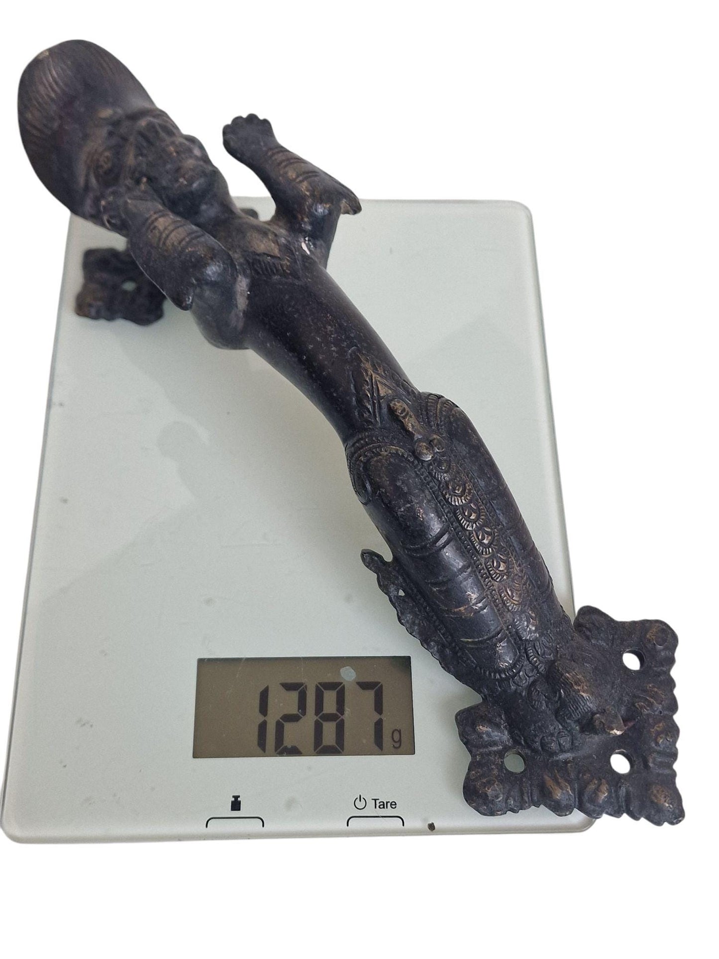 Antique Bronze Hindu Temple Door Handle, Guardian Deity, 19th C
