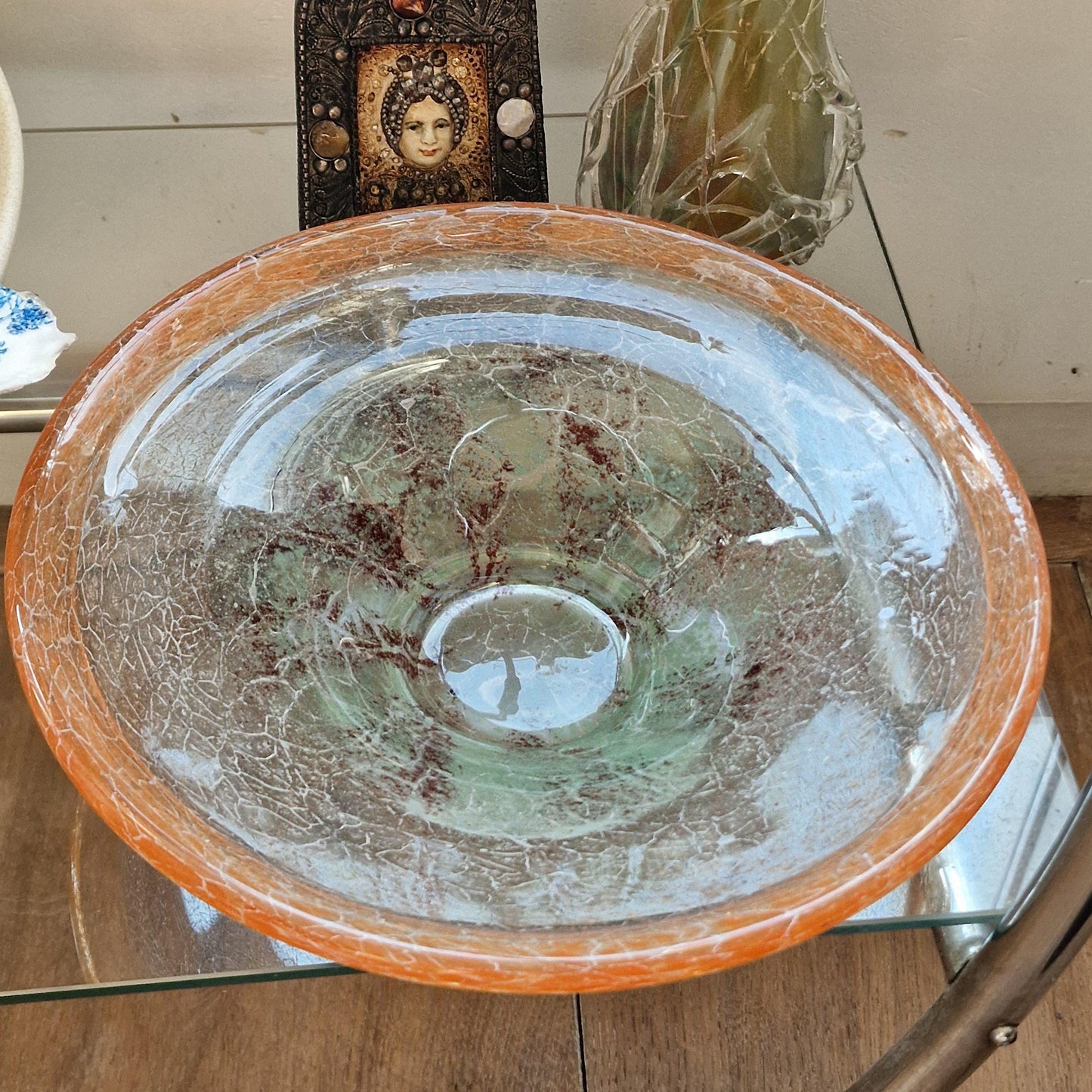 Karl Wiedmann WMF Ikora Glass Bowl, Art Deco Orange Centerpiece, 1930s
