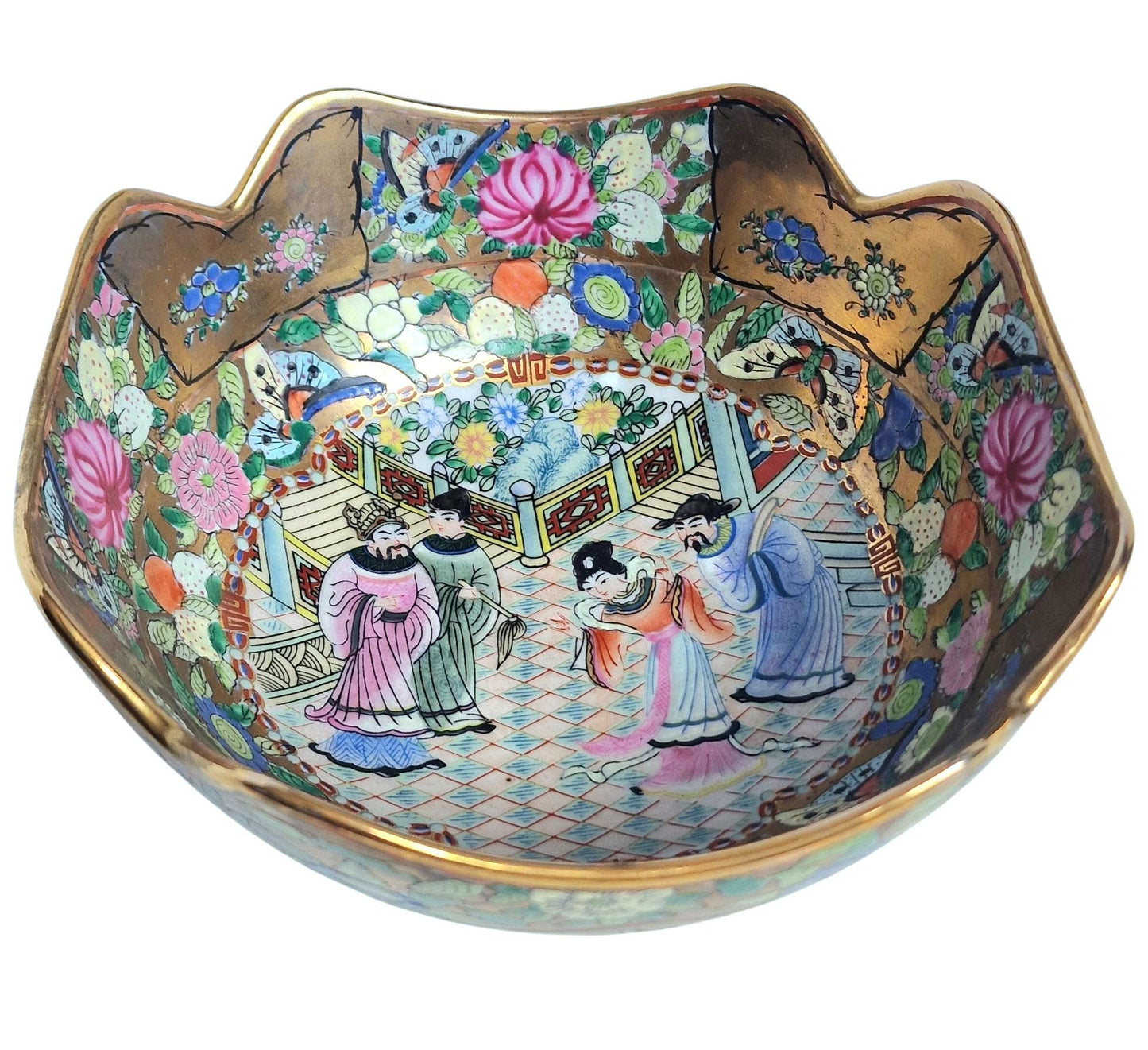 Vintage Famille Rose Bowl – Hand-Painted Chinese Porcelain, Gilded Rim