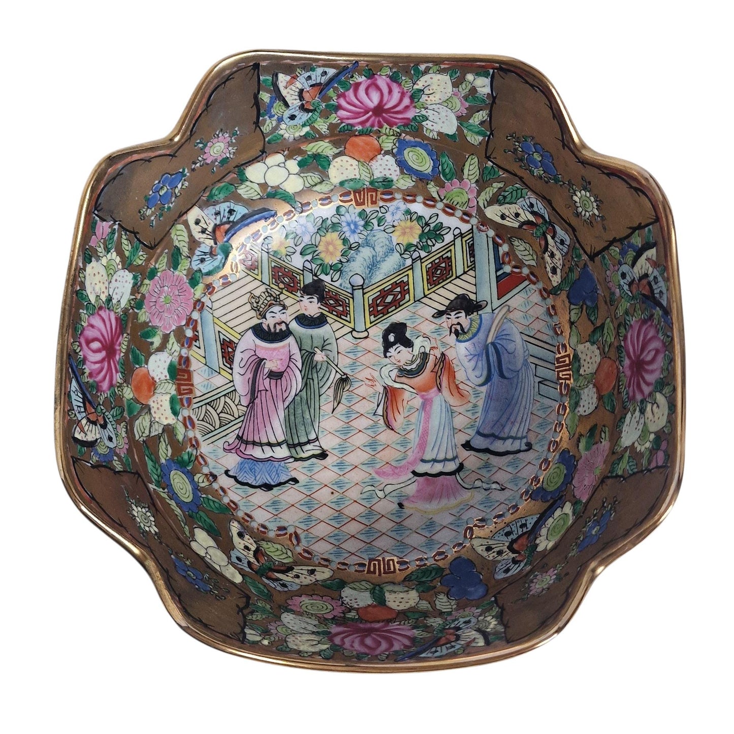 Vintage Famille Rose Bowl – Hand-Painted Chinese Porcelain, Gilded Rim