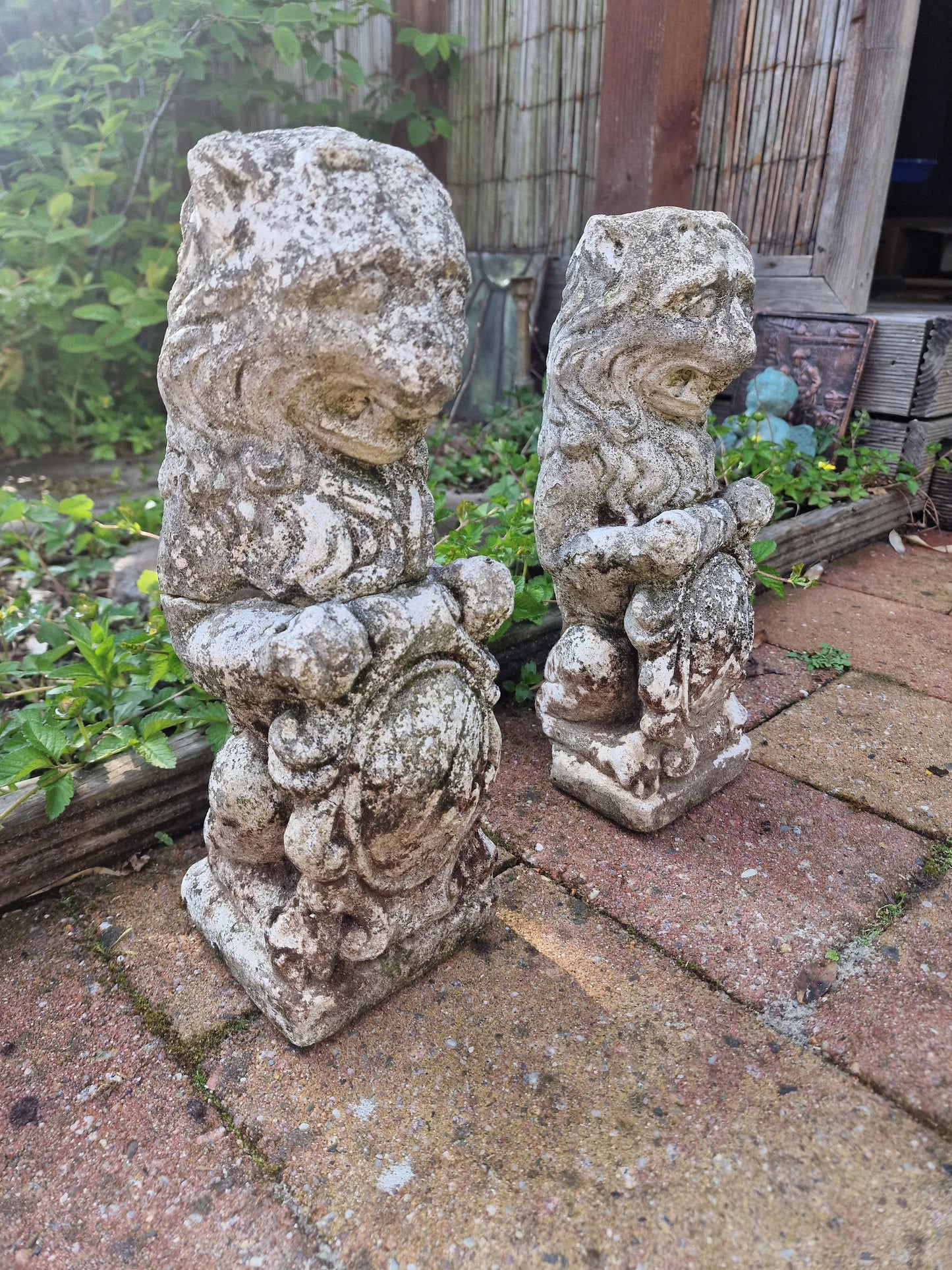 Antique French Stone Lion Statues, Coat of Arms, Garden Decor