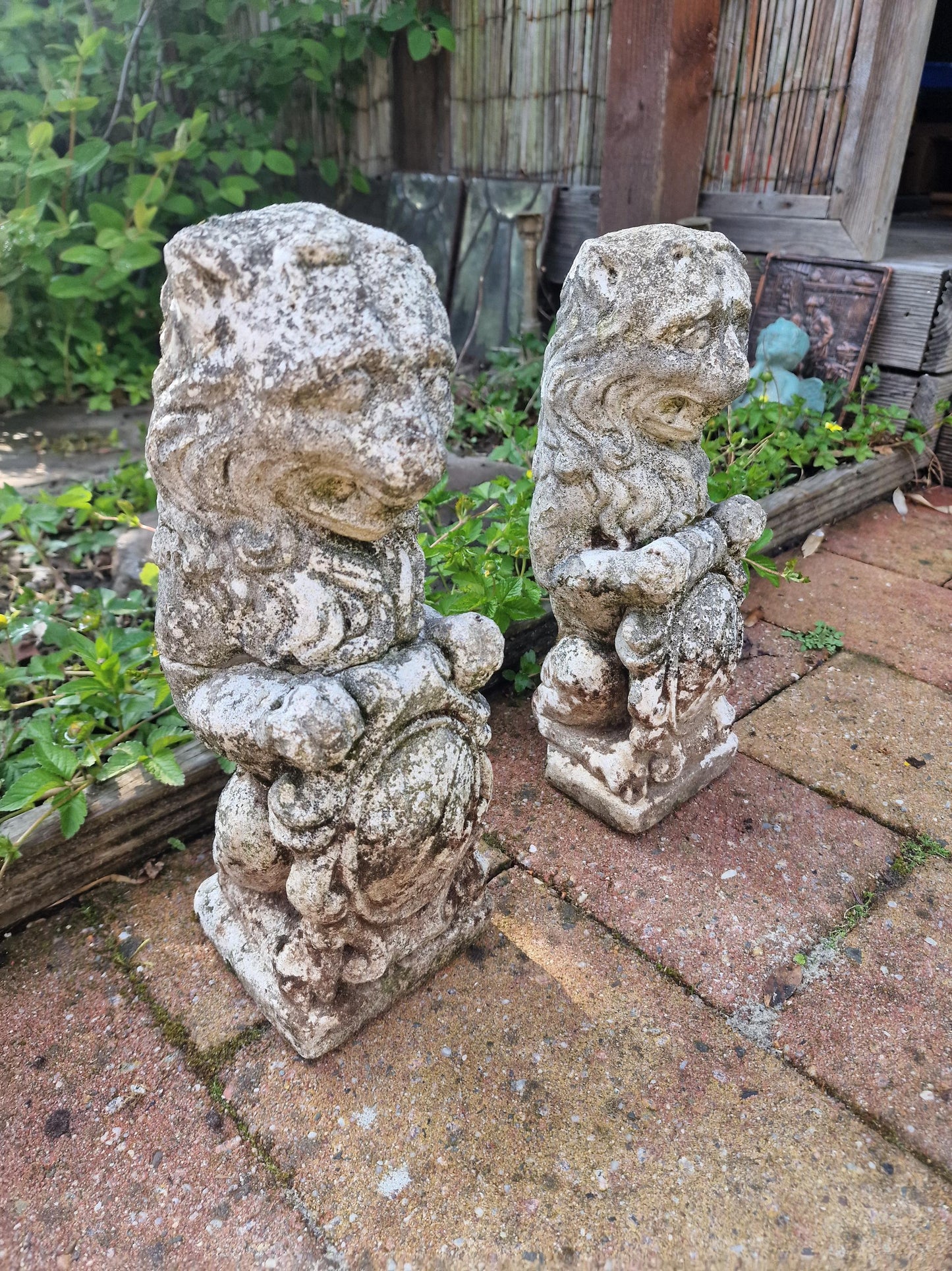 Antique French Stone Lion Statues, Coat of Arms, Garden Decor