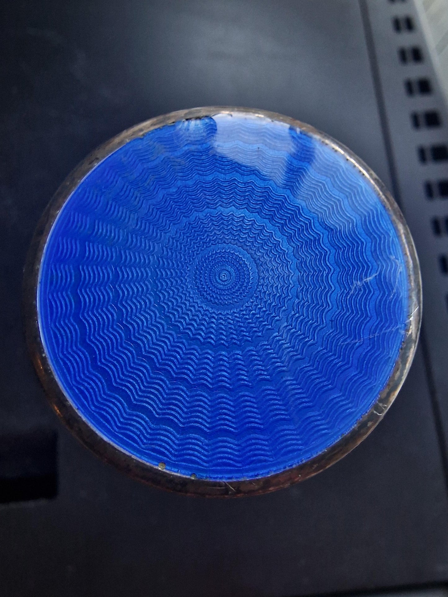 Art Deco Perfume Bottle, Blue Guilloché Enamel Lid, Vintage Glass Flacon