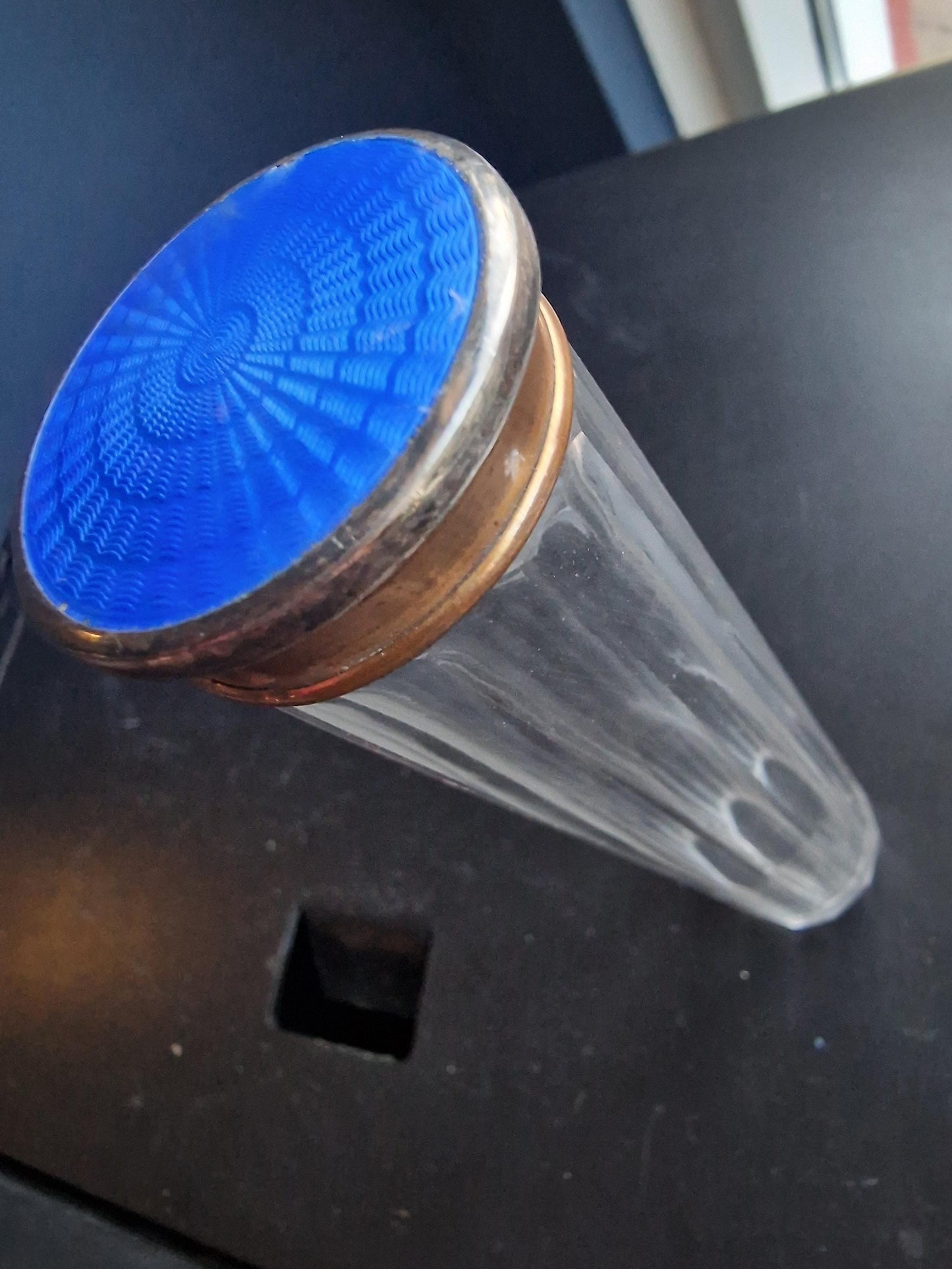 Art Deco Perfume Bottle, Blue Guilloché Enamel Lid, Vintage Glass Flacon