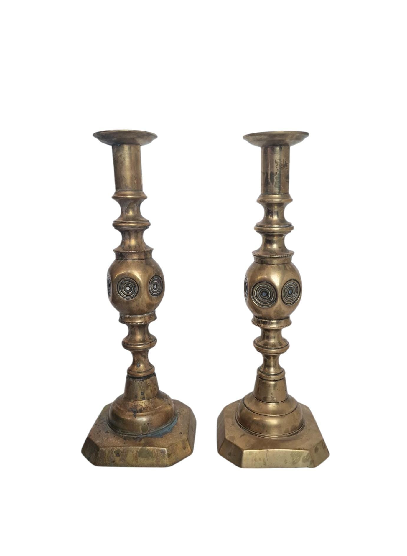 Antique Brass Candlestick Pair, 1897 Queen Victoria Jubilee, Arts & Crafts candle holders