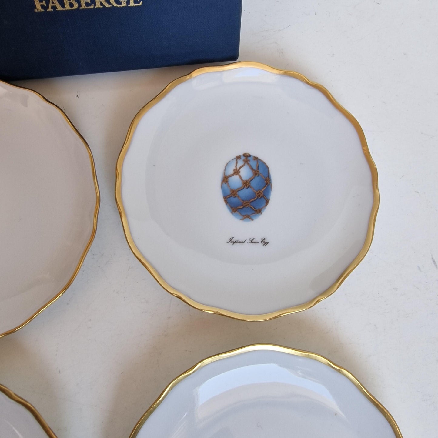 Faberge Limoges Porcelain Egg Dish Set, Gilt Rim, Jewelry Bowls, Boxed Fabergé