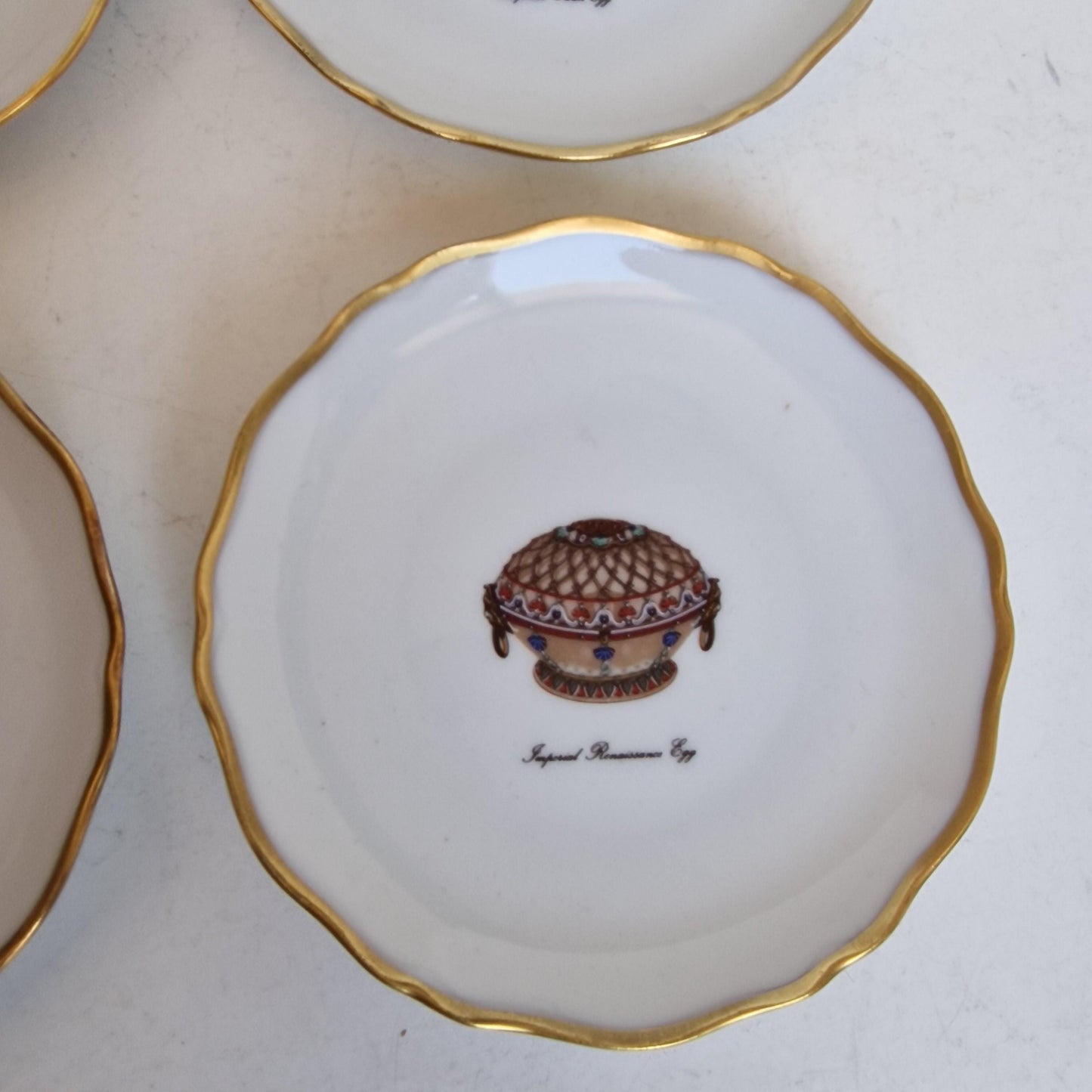Faberge Limoges Porcelain Egg Dish Set, Gilt Rim, Jewelry Bowls, Boxed Fabergé