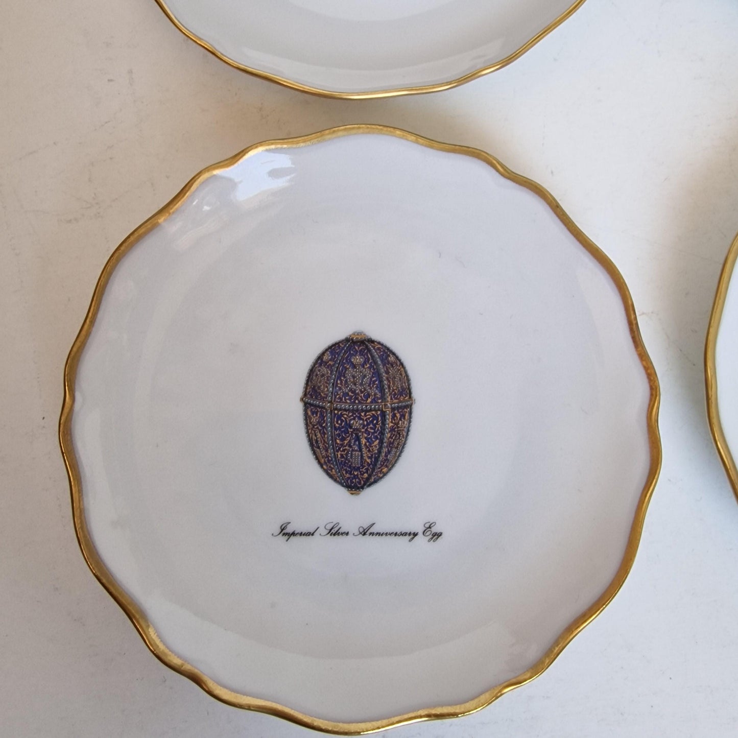 Faberge Limoges Porcelain Egg Dish Set, Gilt Rim, Jewelry Bowls, Boxed Fabergé