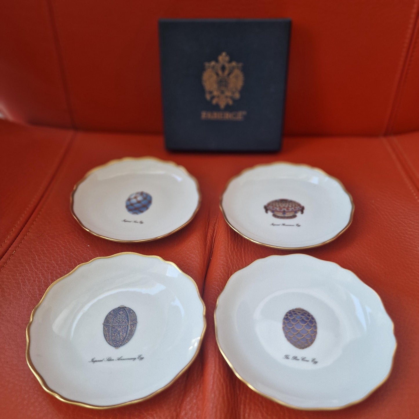 Faberge Limoges Porcelain Egg Dish Set, Gilt Rim, Jewelry Bowls, Boxed Fabergé