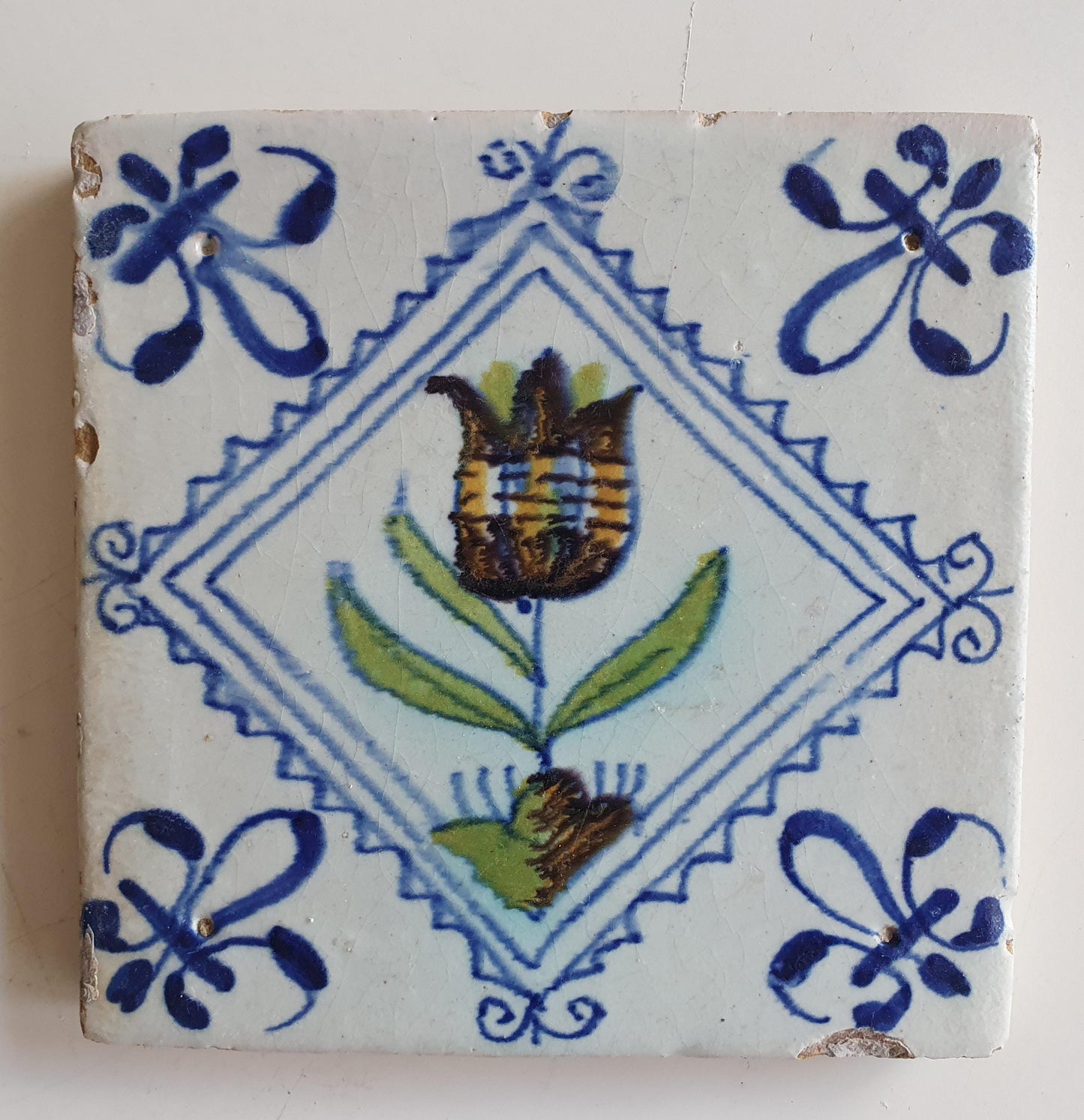Antique Delft Tile, Tulip Motif, Polychrome Pottery, ca 1640