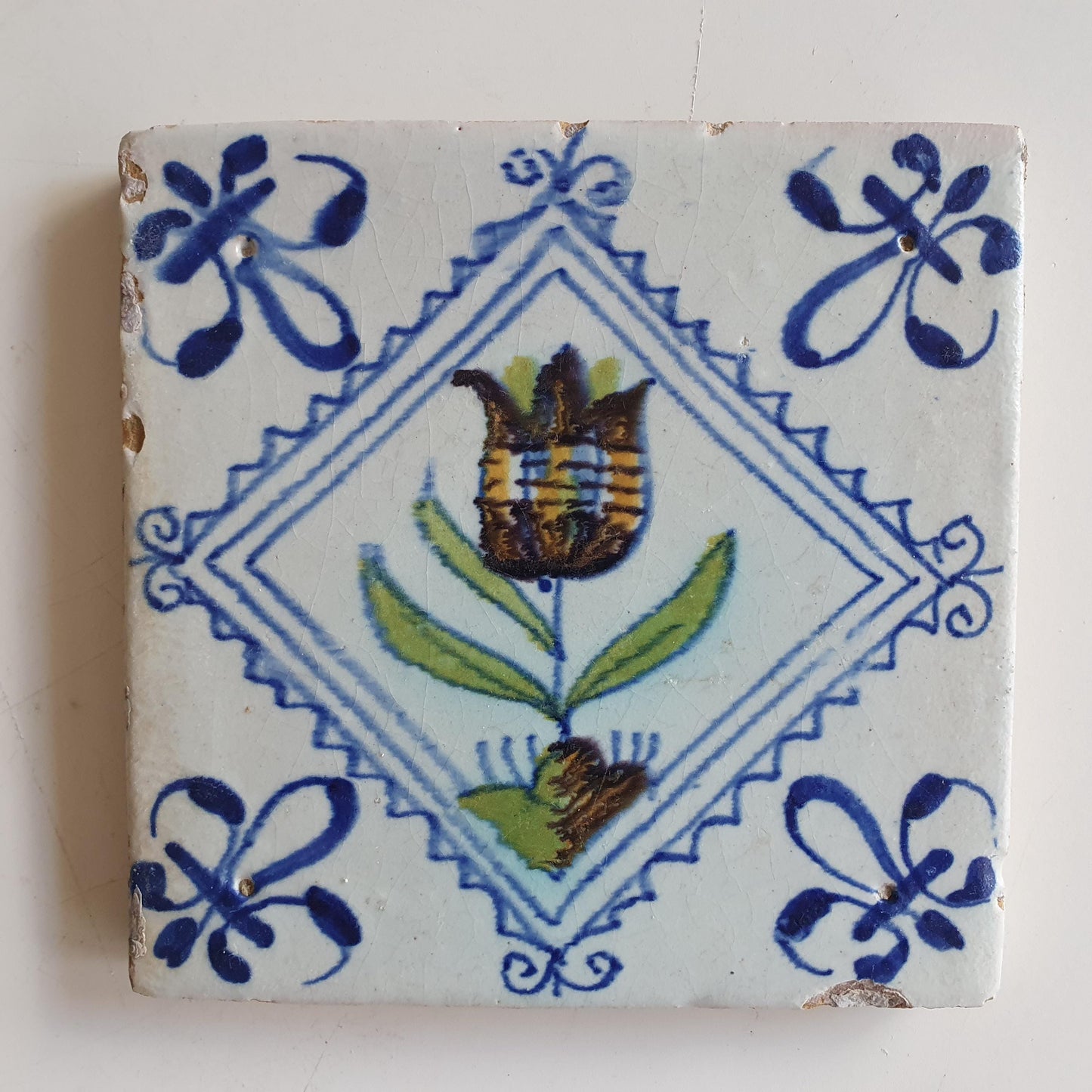 Antique Delft Tile, Tulip Motif, Polychrome Pottery, ca 1640